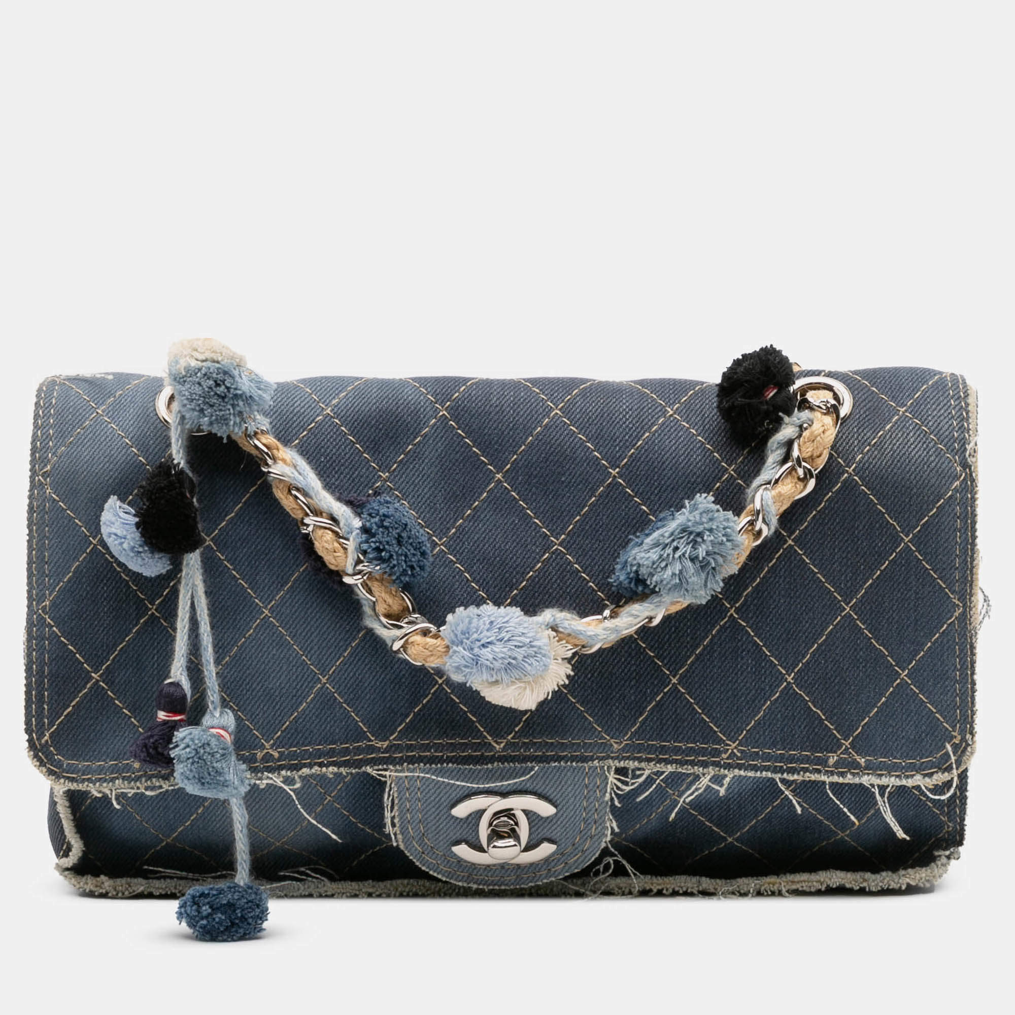Pre Owned Chanel Blue Paris Dubai Medium Quilted Denim Pompom Flap