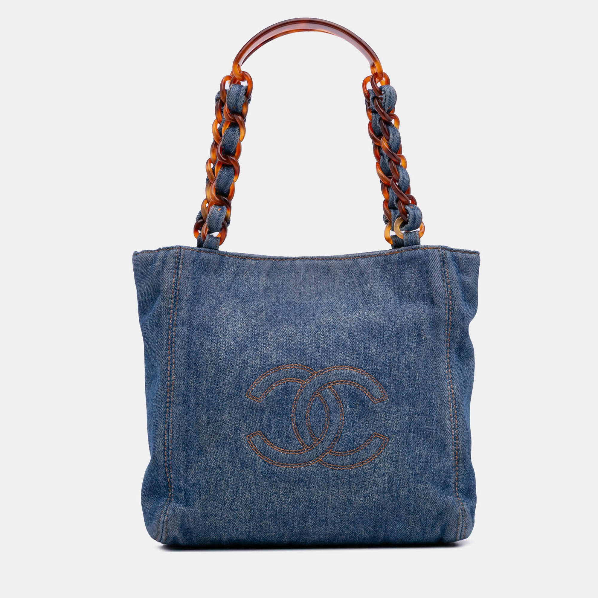 Pre Owned Chanel Blue Small CC Stitched Denim Tote