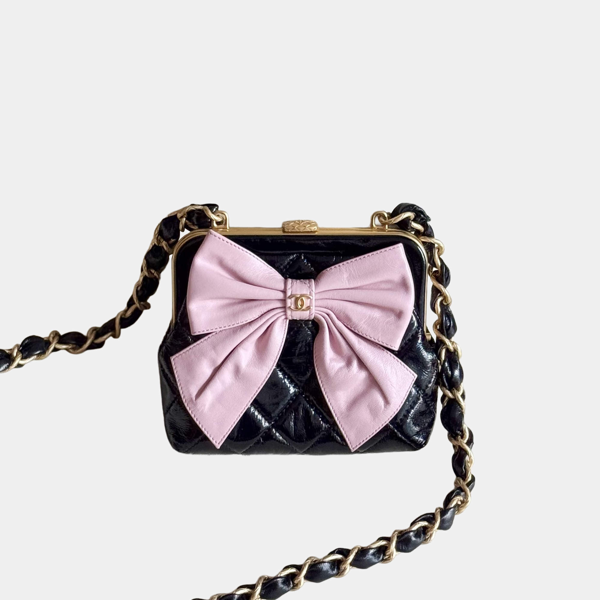 Pre Owned Chanel Black Pink Bow Clip Shoulder Bag