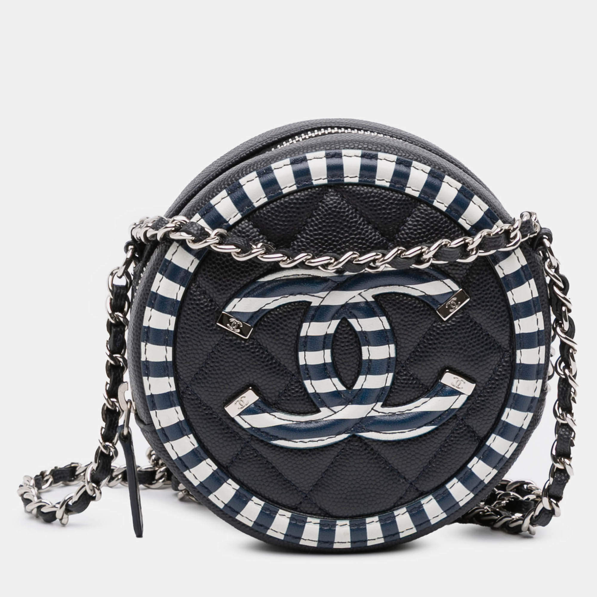Pre Owned Chanel Blue Caviar Striped CC Filigree Round Crossbody