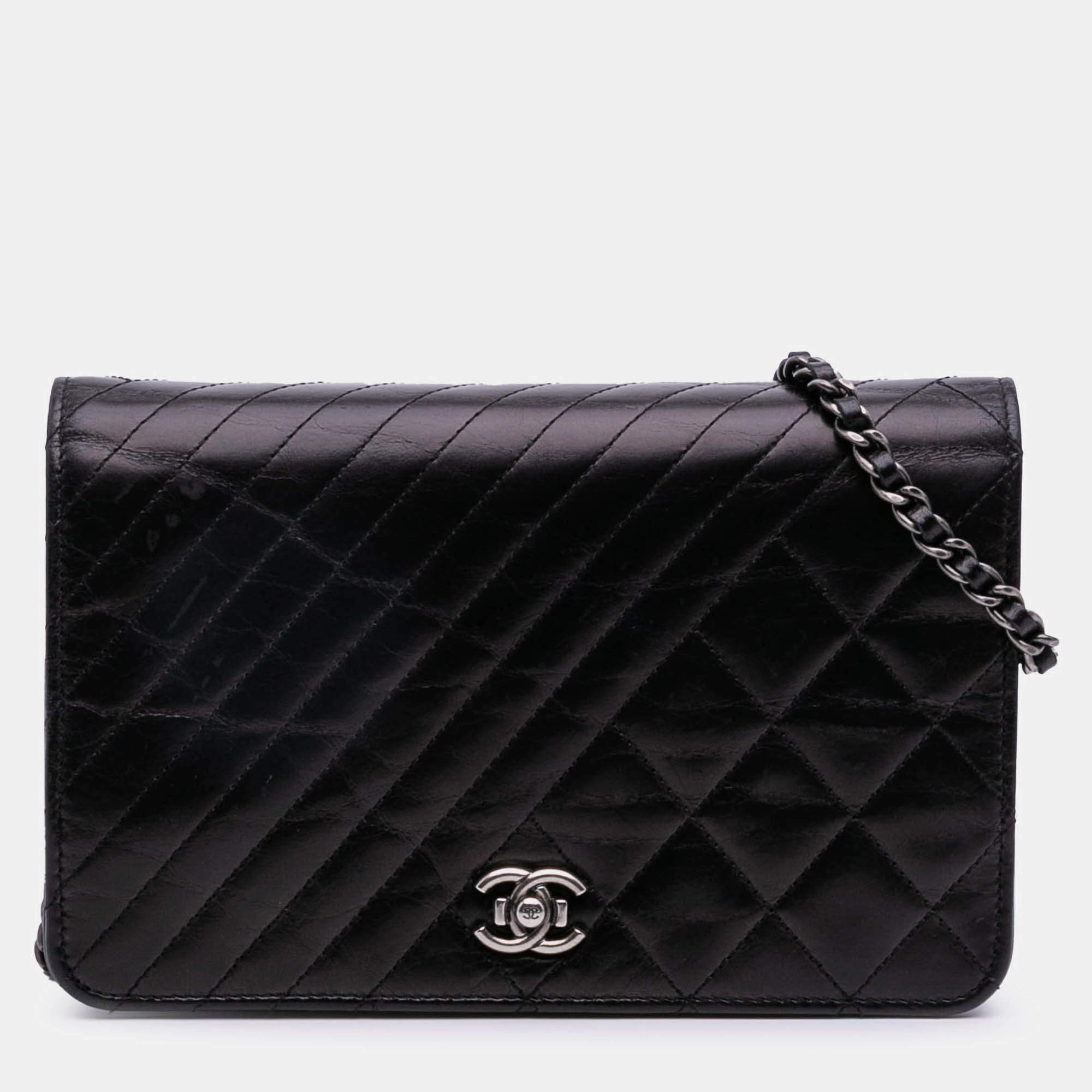 Pre Owned Chanel Black Lambskin Coco Boy Wallet On Chain