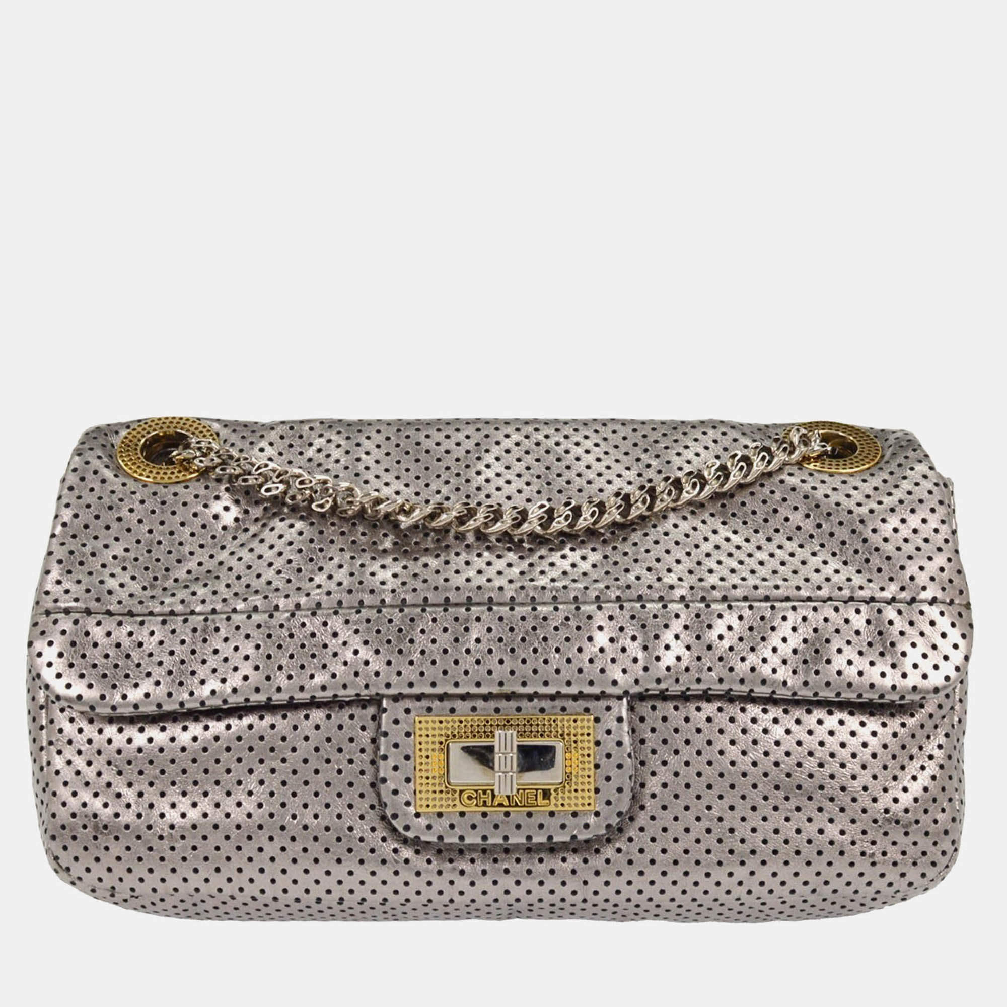 Pre Owned Chanel Silver Perforated Mademoiselle Lock Single Flap Shoulder Bag