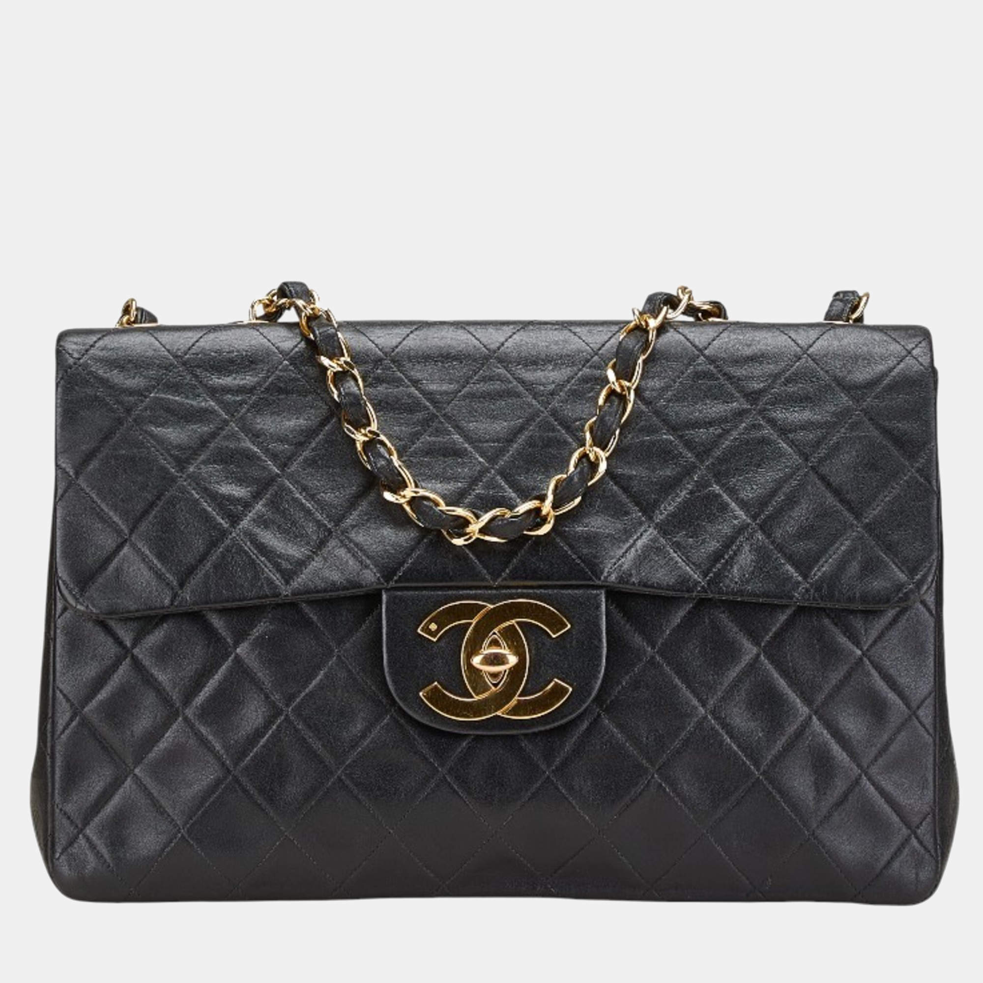 Pre Owned Chanel Coco Mark Deca Matelasse 34 Black Leather Chain Shoulder Bag