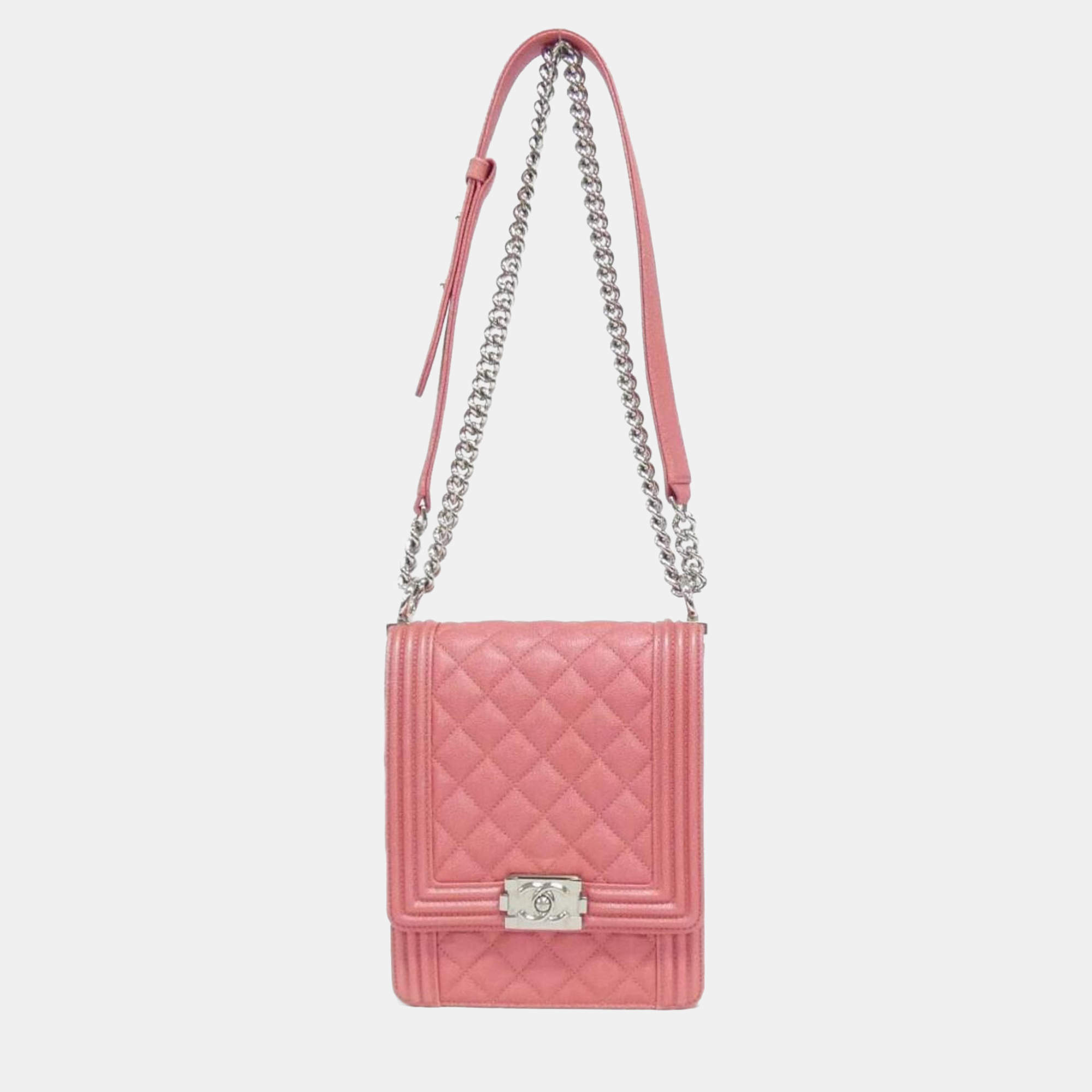 Pre Owned Chanel Boy Line Pink Calf Leather Shoulder Bag