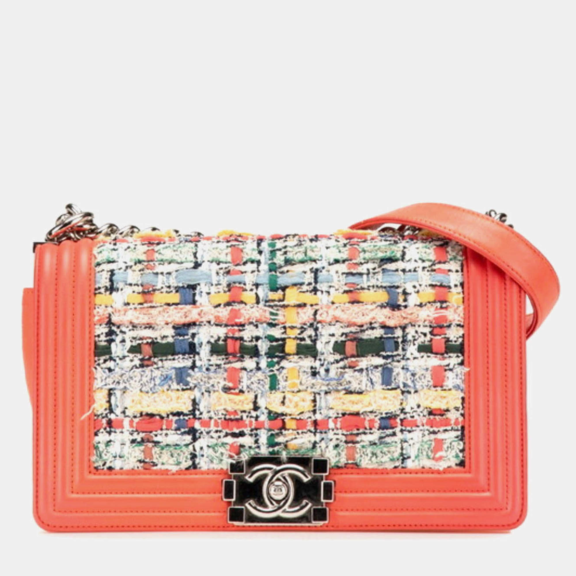 Pre Owned Chanel Coco Mark Boy 25 Shoulder Bag In Orange Multicolored Tweed And Lambskin