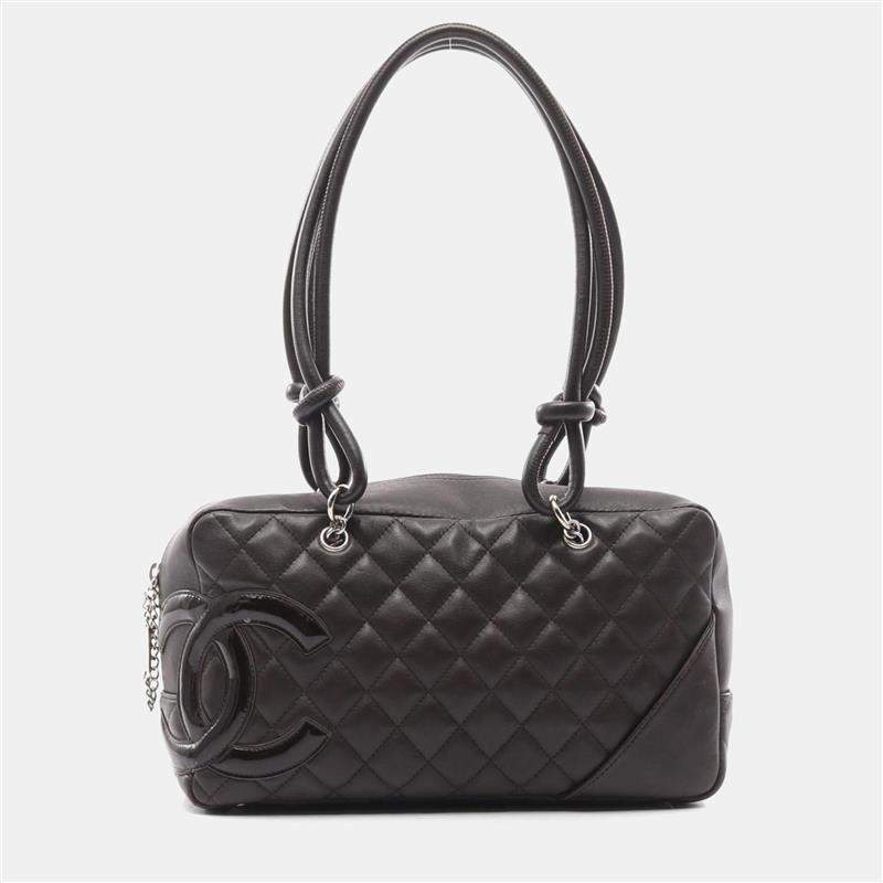 Pre Owned Chanel Cambon Bowling Bag Shoulder Leather Patent Leather  Brown