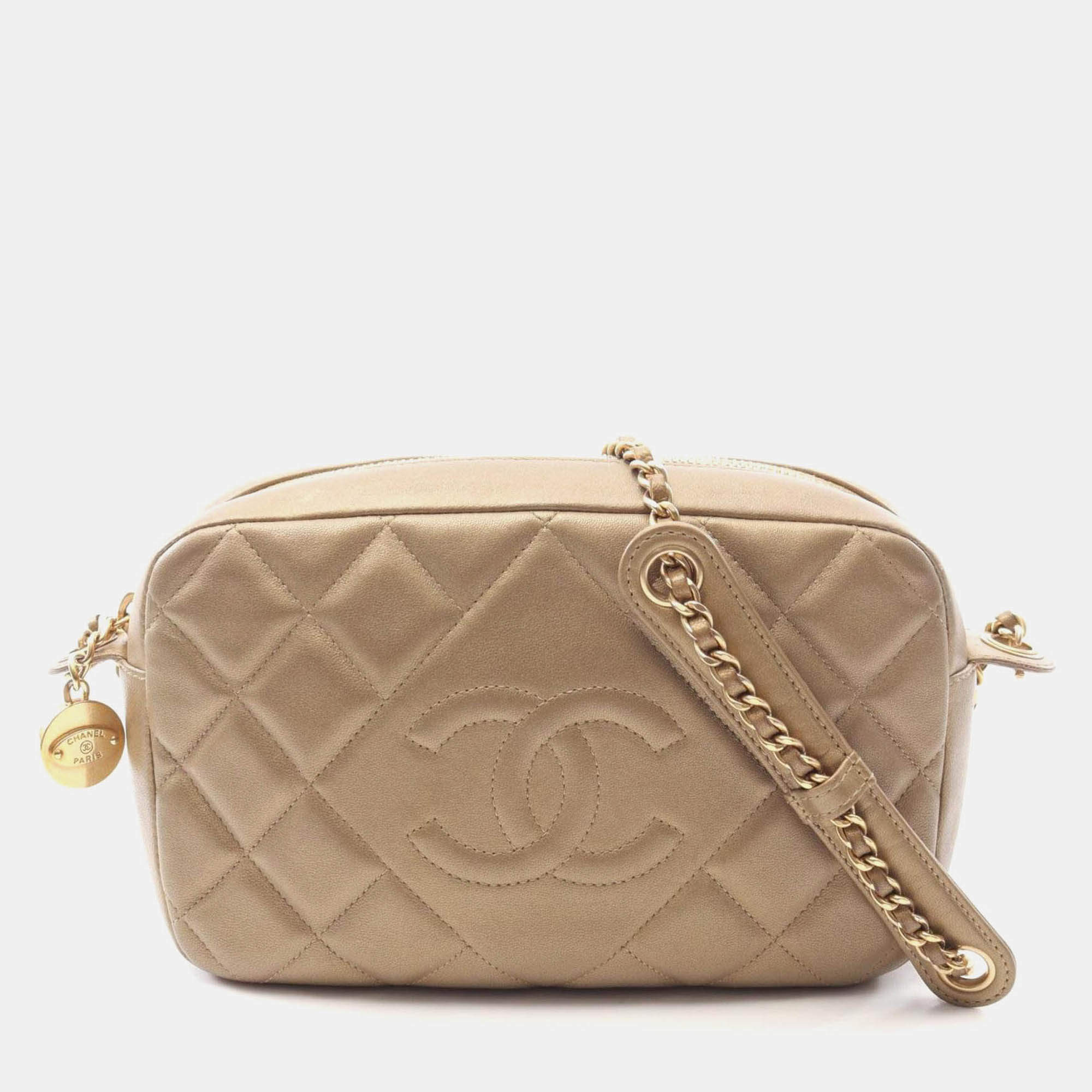 Pre Owned Chanel Matelasse Camera Bag Shoulder In Lambskin Leather  Gold