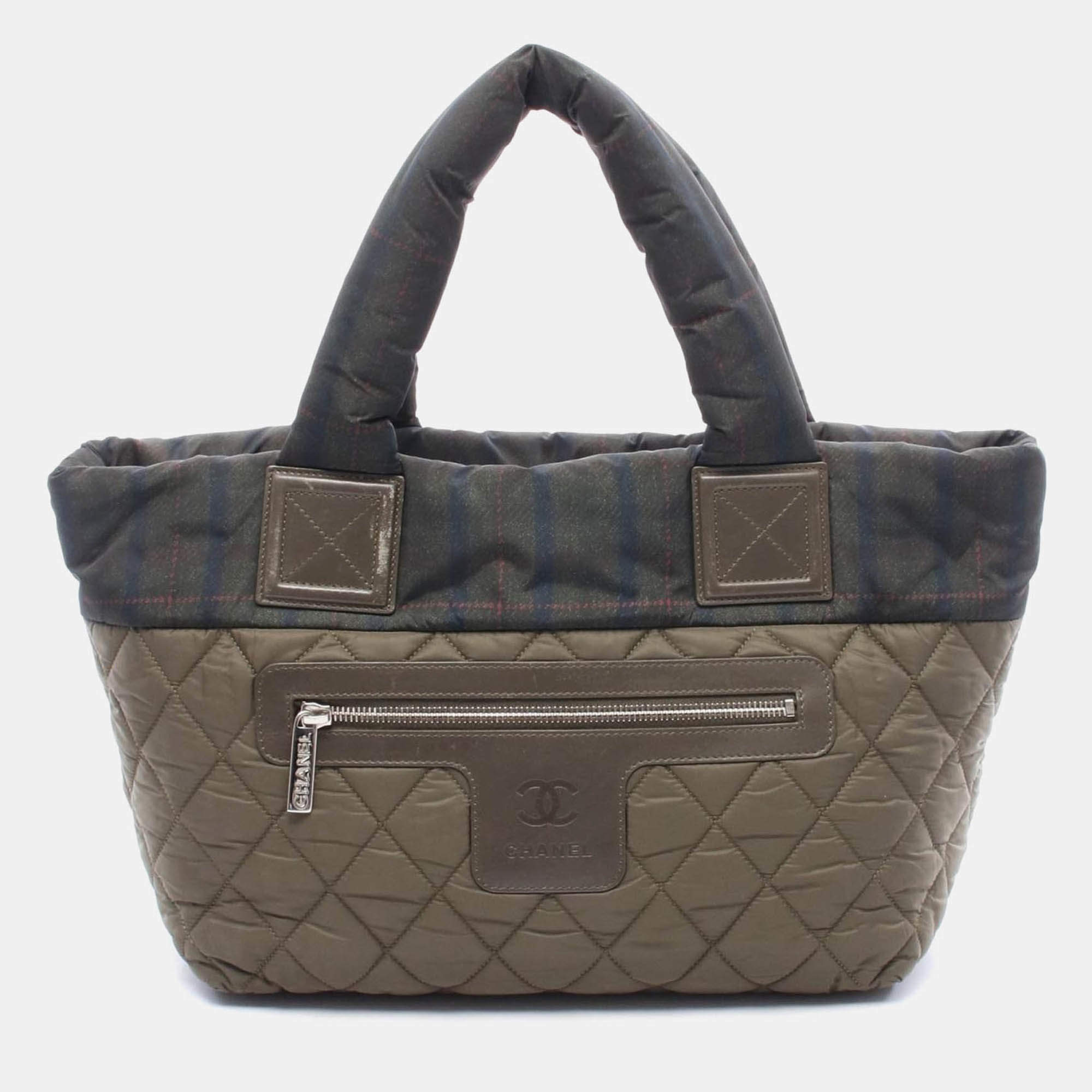 Pre Owned Chanel CC Coco Small Khaki Green Nylon Leather Tote