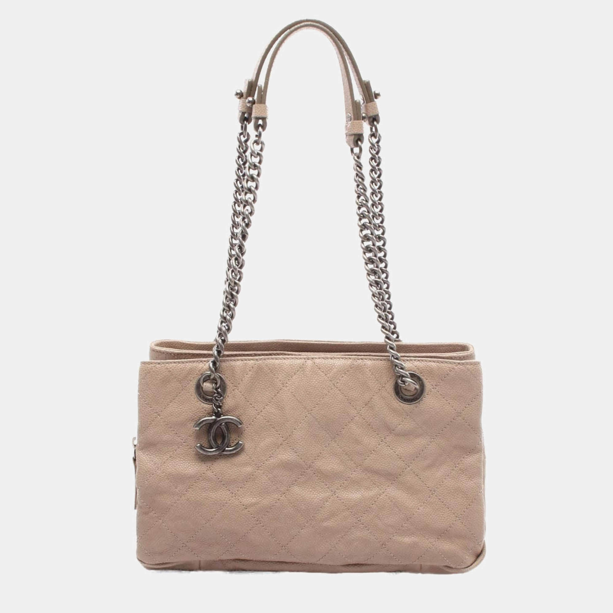 Pre Owned Chanel CC Coco Matelasse Beige Calfskin Chain Shoulder Tote Bag