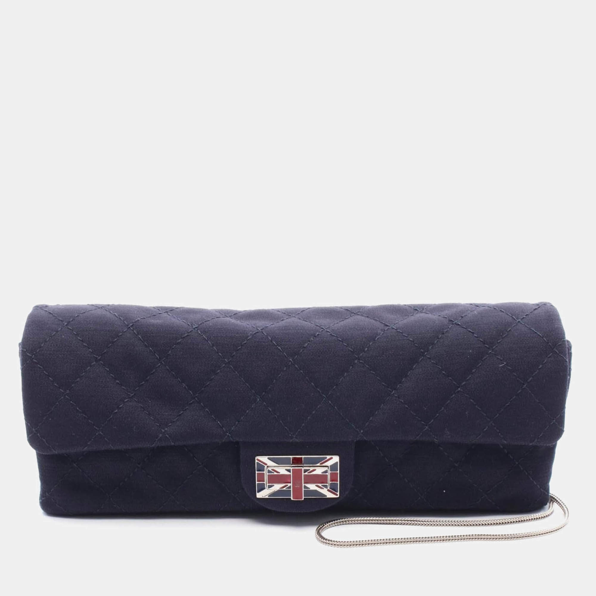 Pre Owned Chanel Navy Blue Cotton Jersey Chain Shoulder Bag