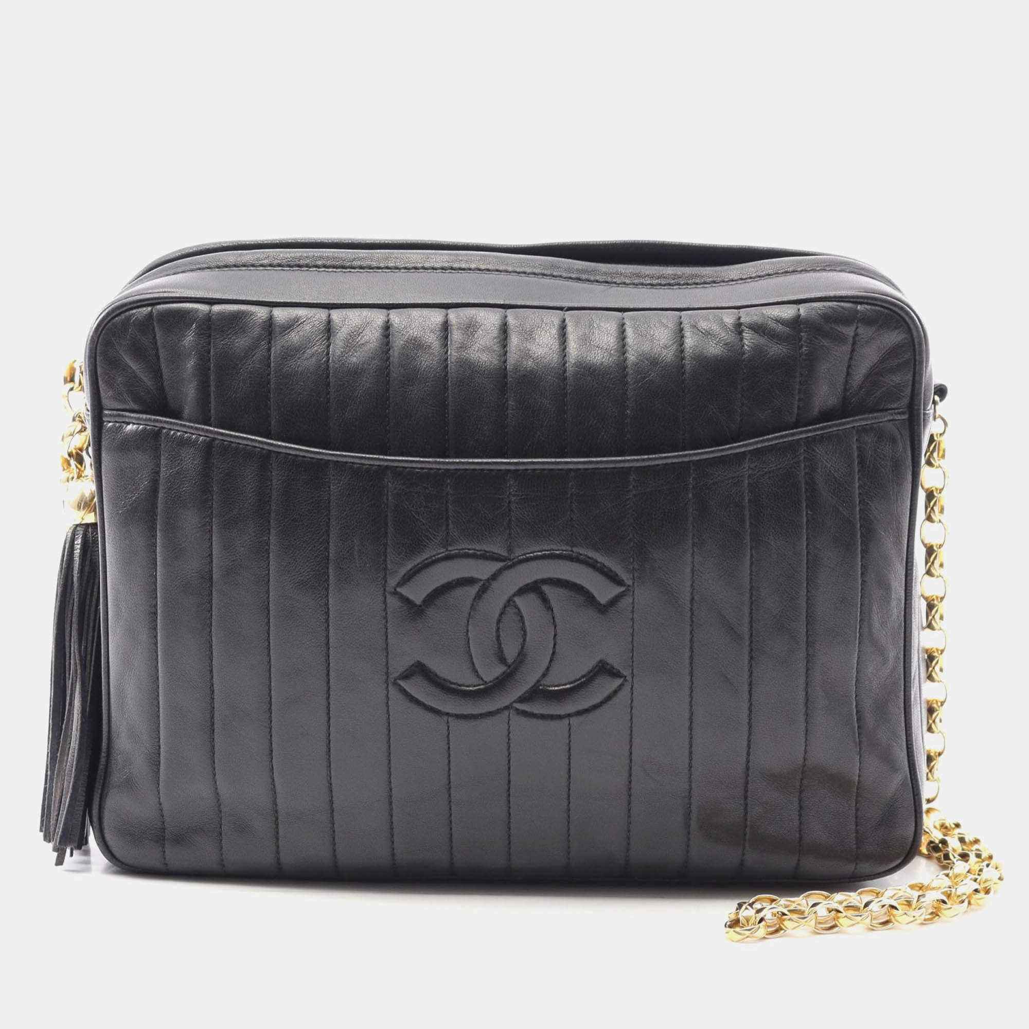 Pre Owned Chanel Mademoiselle CC Coco Mark Black Lambskin Leather Shoulder Bag