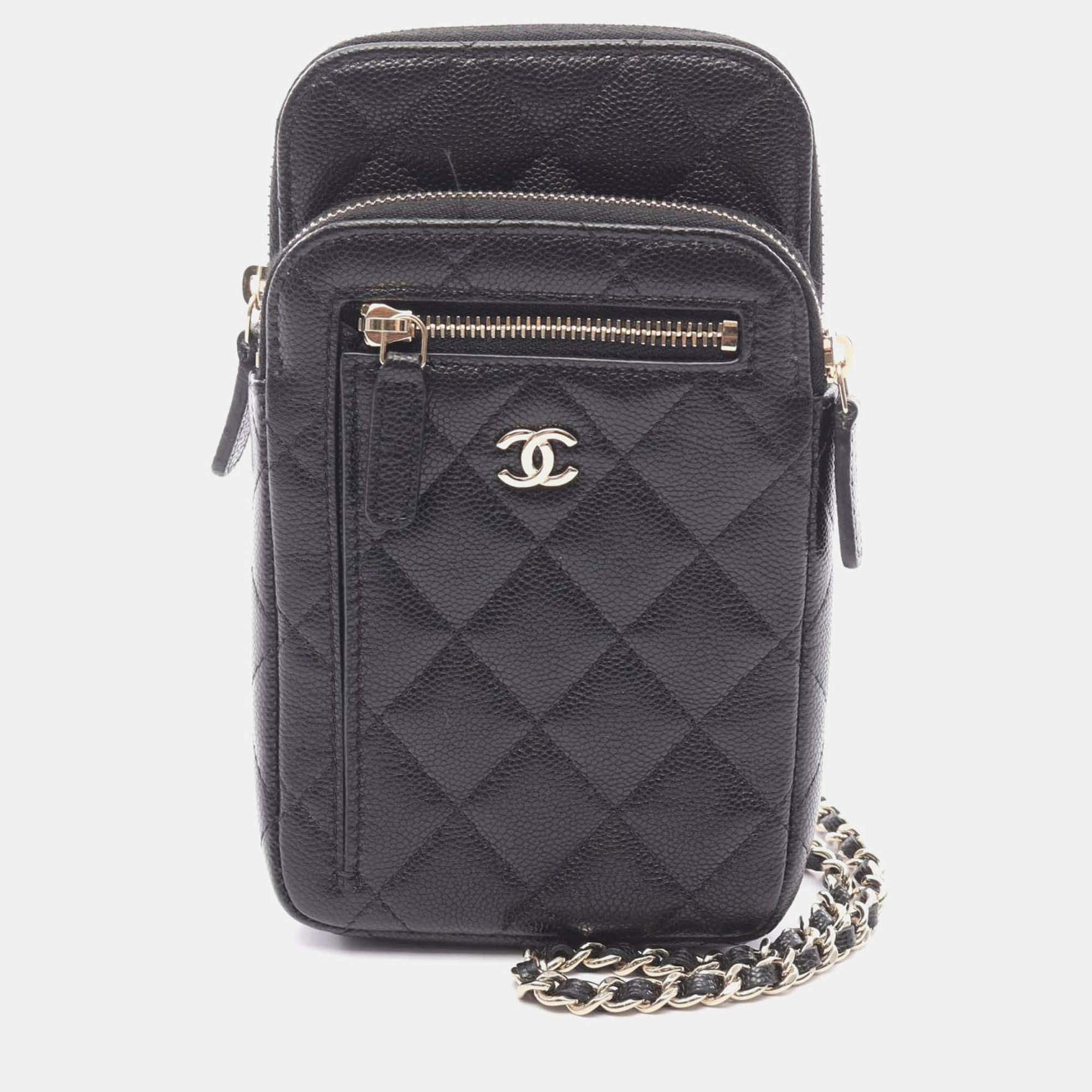 Pre Owned Chanel Matelasse Black Calfskin Phone Holder Shoulder Bag GHW
