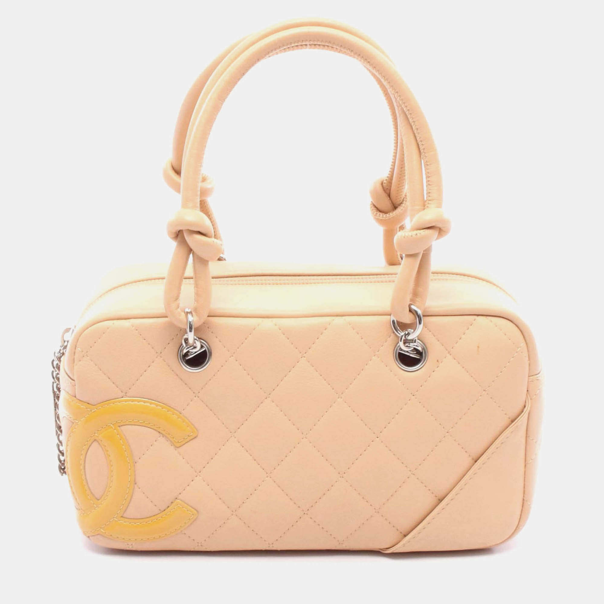 Pre Owned Chanel Coco Cambon Line Mini Beige Patent Leather Bowling Handbag