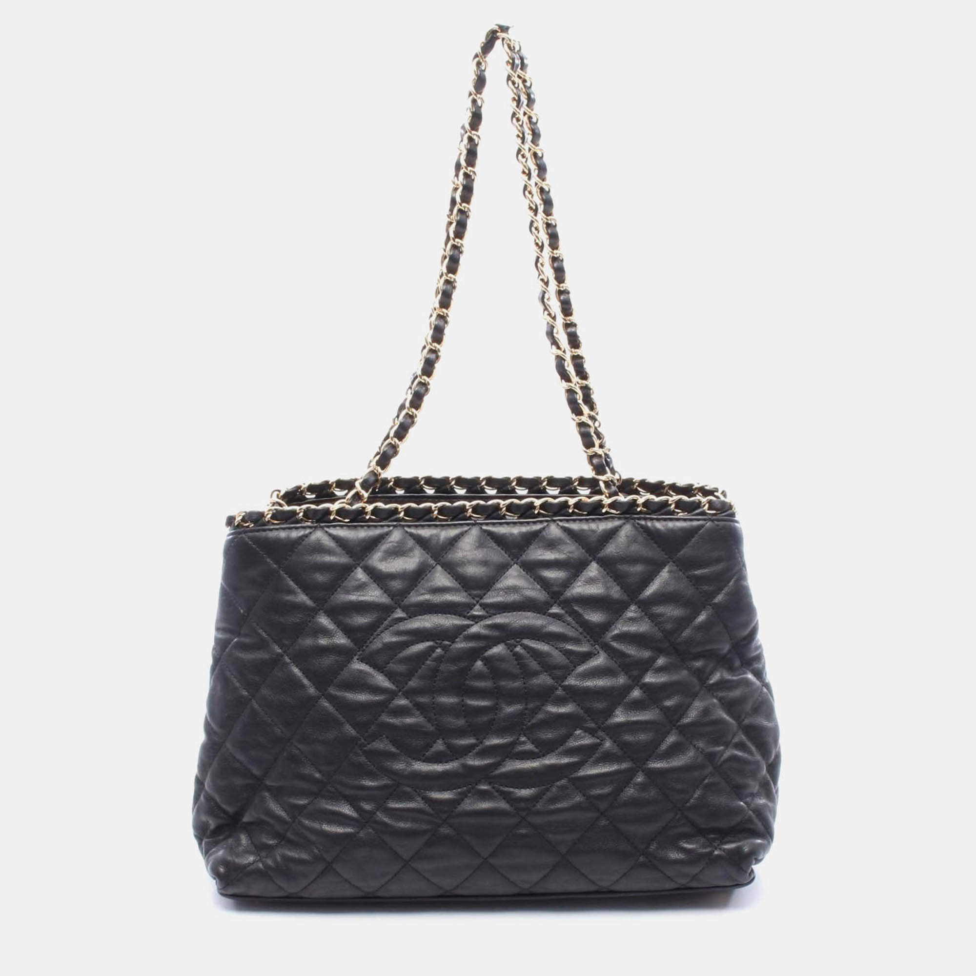 Pre Owned Chanel CC Coco Matelasse Black Leather Chain Shoulder Tote GHW