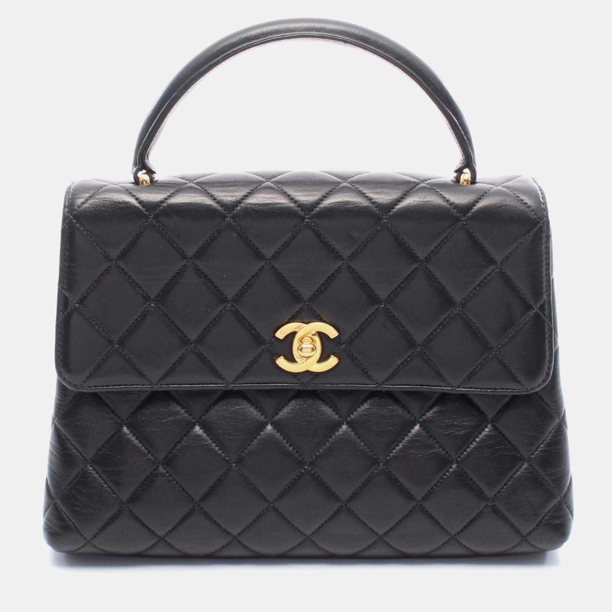 Pre Owned Chanel CC Coco Matelasse Lambskin Leather Black Top Handle Bag 