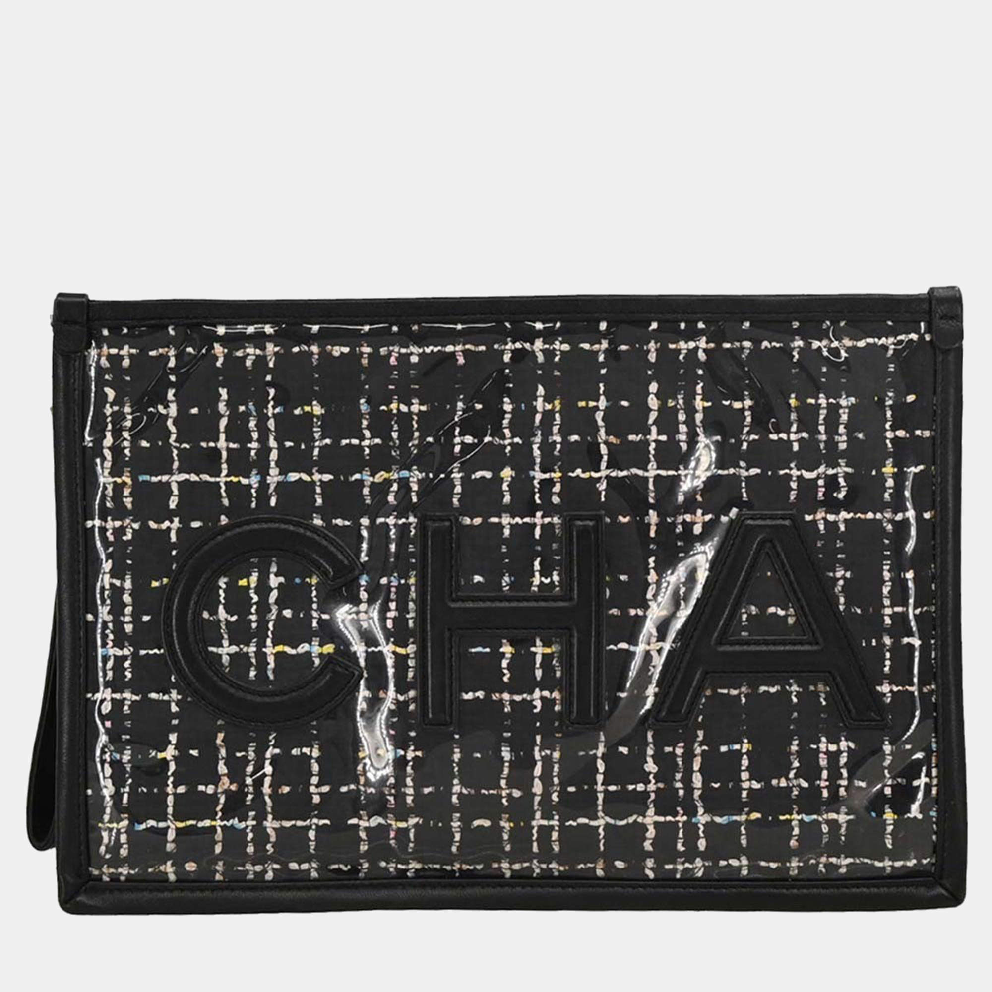Pre Owned Chanel Black Lambskin PVC Clutch Bag