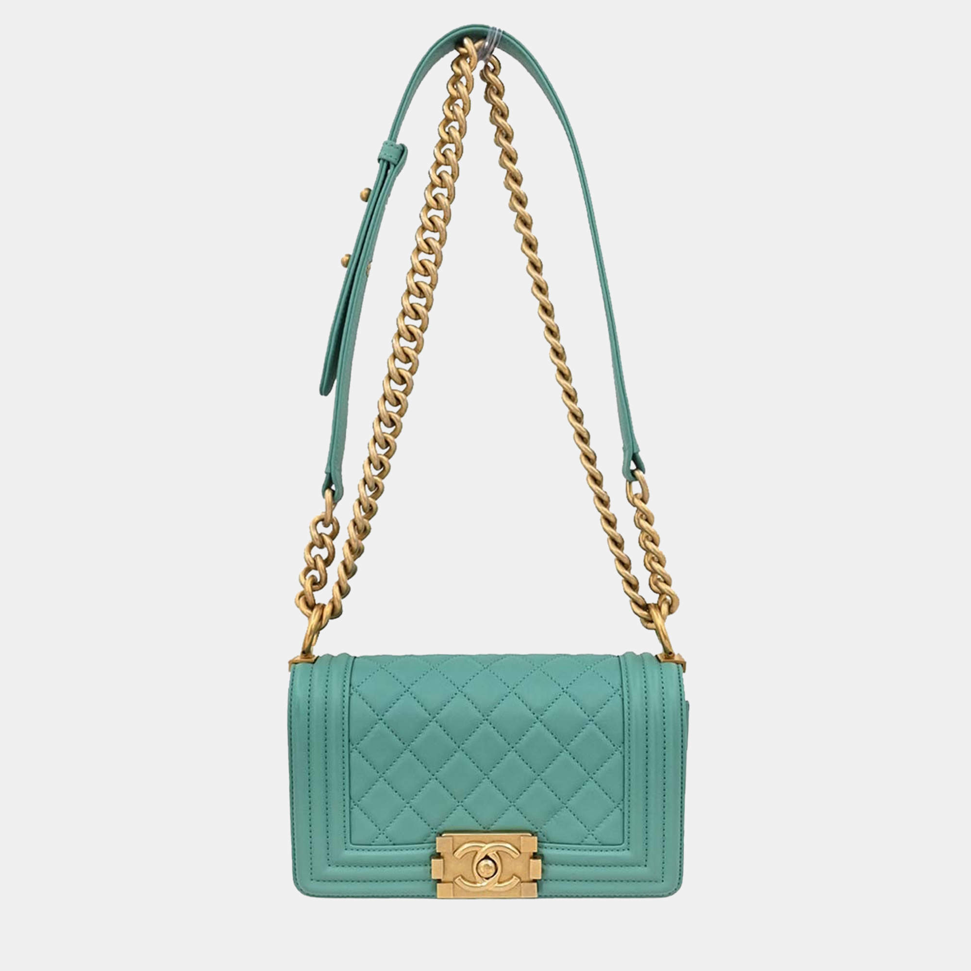 Pre Owned Boy Chanel Emerald Green Lambskin Small Chain Shoulder Bag