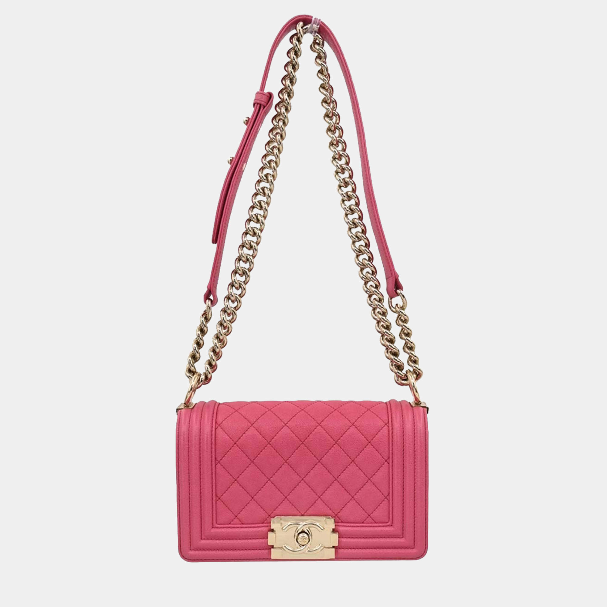 Pre Owned Chanel Boy Chanel Pink Calfskin Small Chain Shoulder Bag