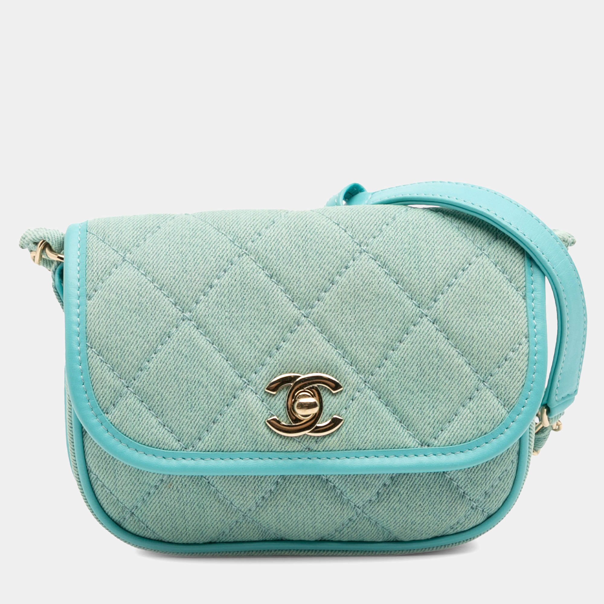 Pre Owned Chanel Blue Mini CC Quilted Denim Messenger Flap