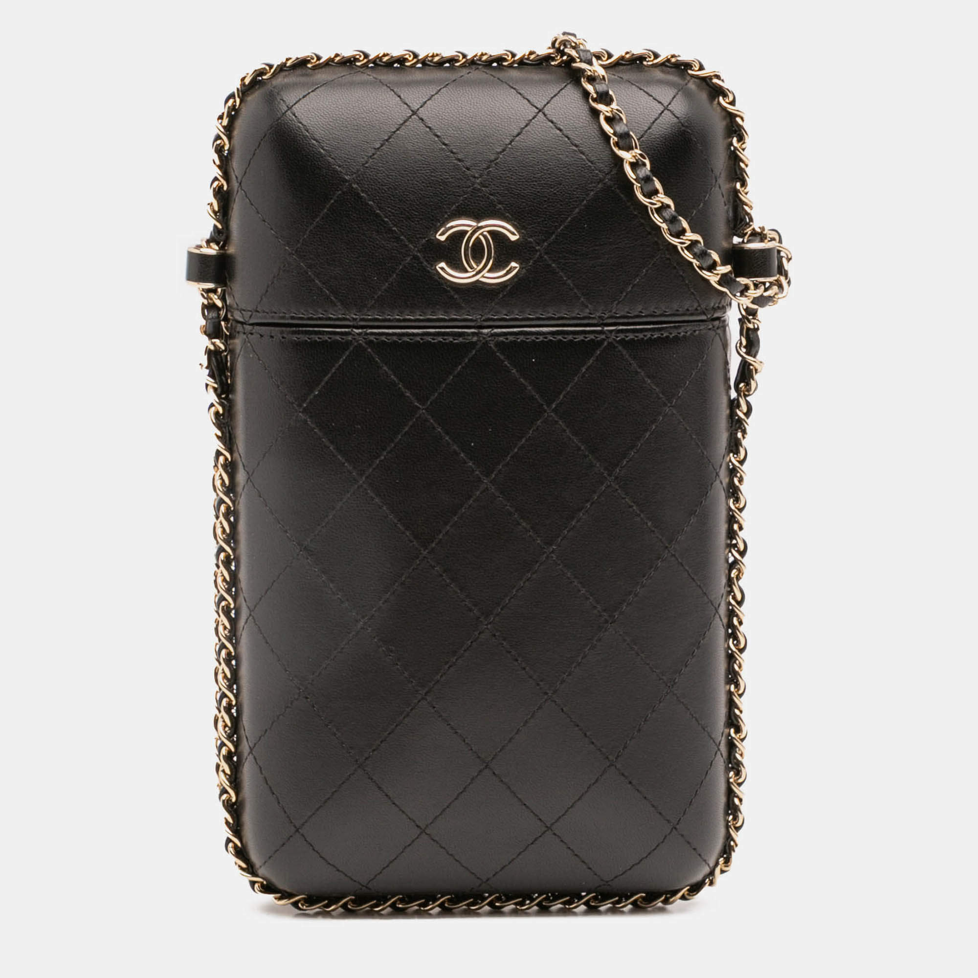 Pre Owned Chanel Black CC Quilted Lambskin Chain Around Phone Holder