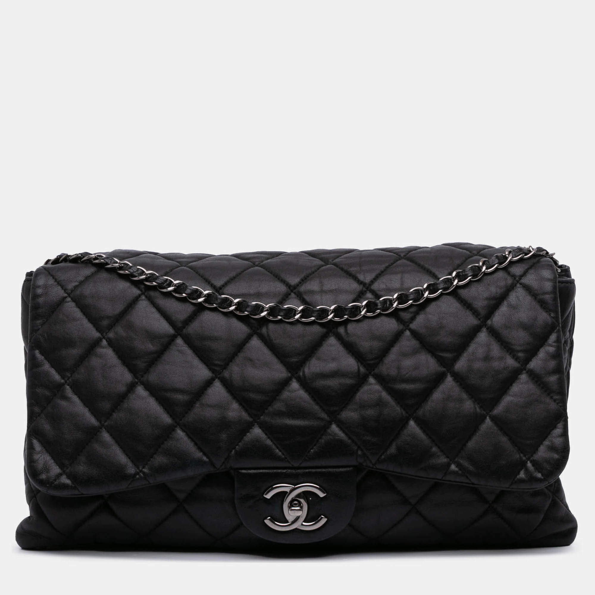 Pre Owned Chanel Black Maxi Quilted Lambskin 3 Flap