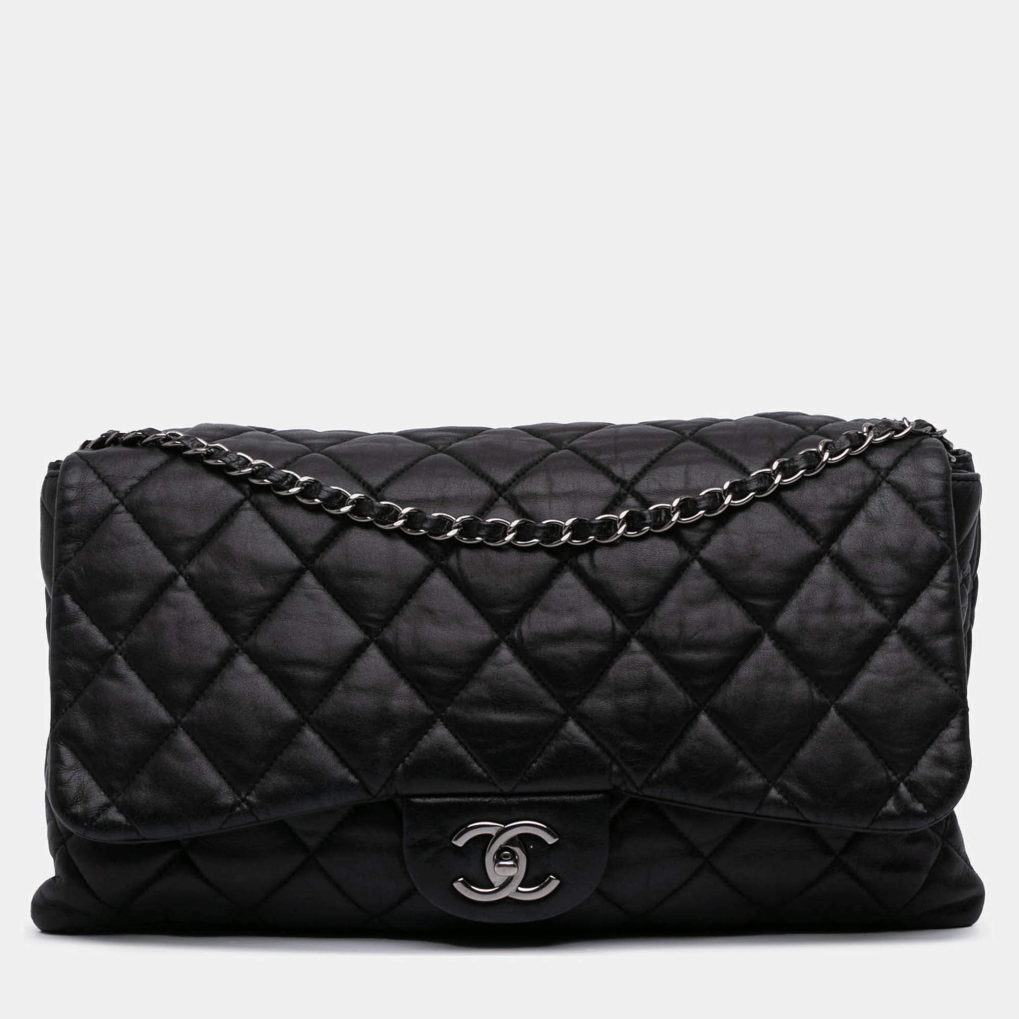 Pre Owned Chanel Black Maxi Quilted Lambskin 3 Flap