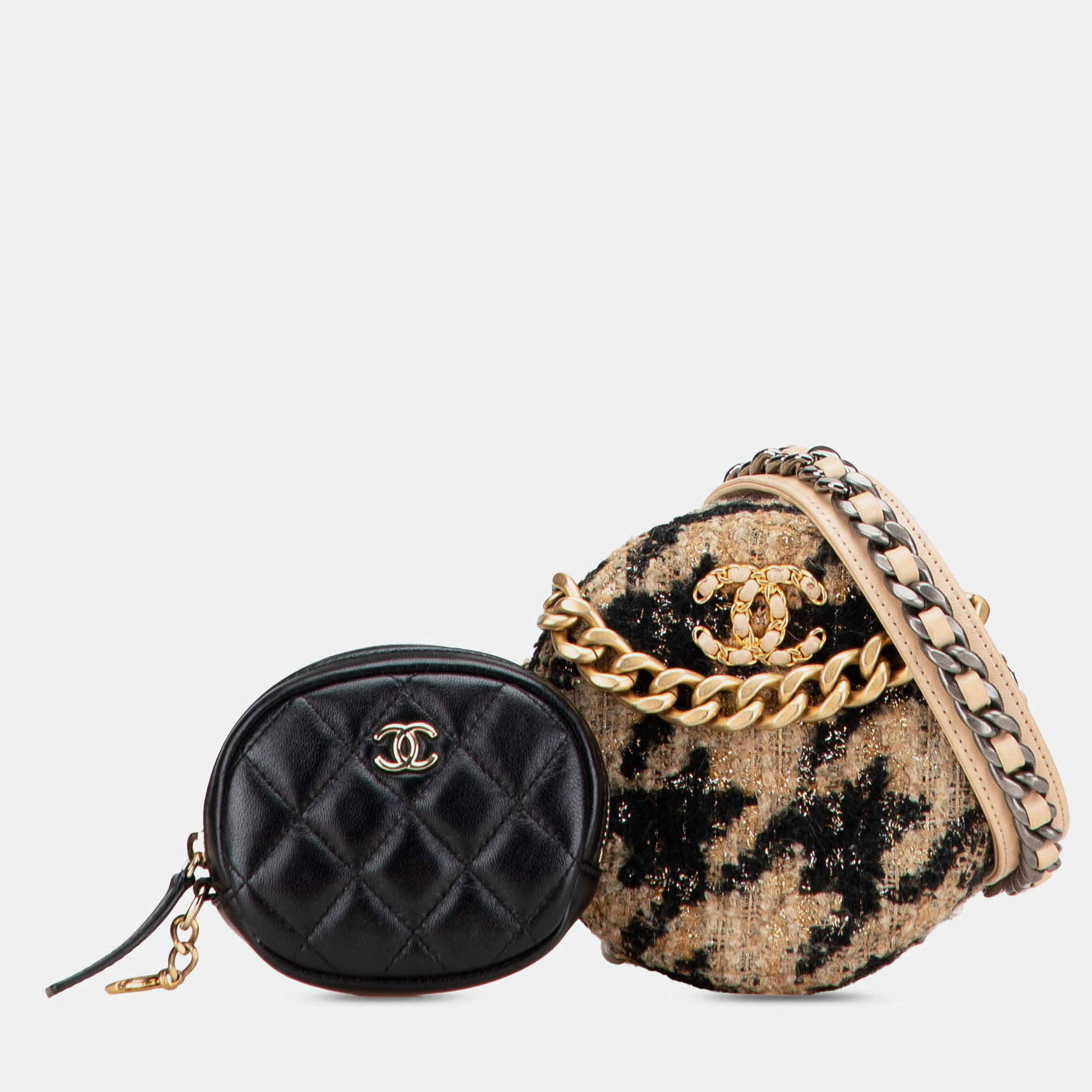 Pre Owned Chanel Brown Tweed 19 Round Clutch with Chain and Coin Purse