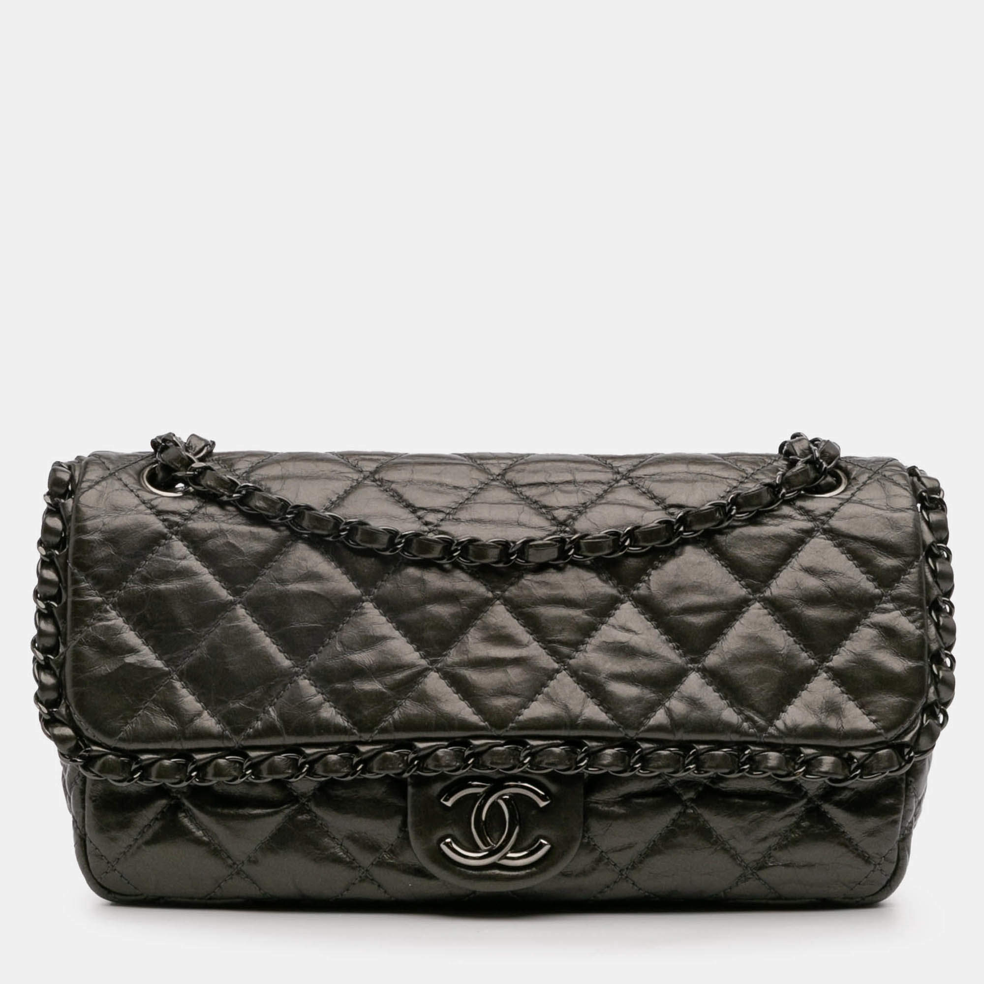 Pre Owned Chanel Grey Medium Quilted Metallic Aged Calfskin Chain Me Flap