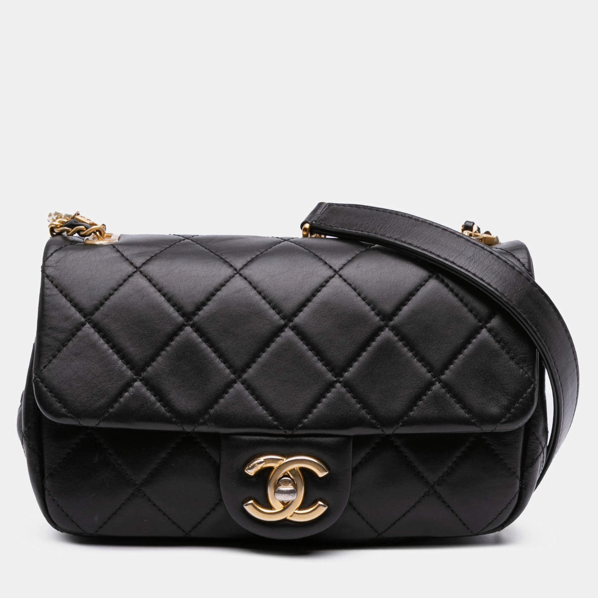 Pre Owned Chanel Black Mini Quilted Calfskin Crystal Pearls Chain Flap