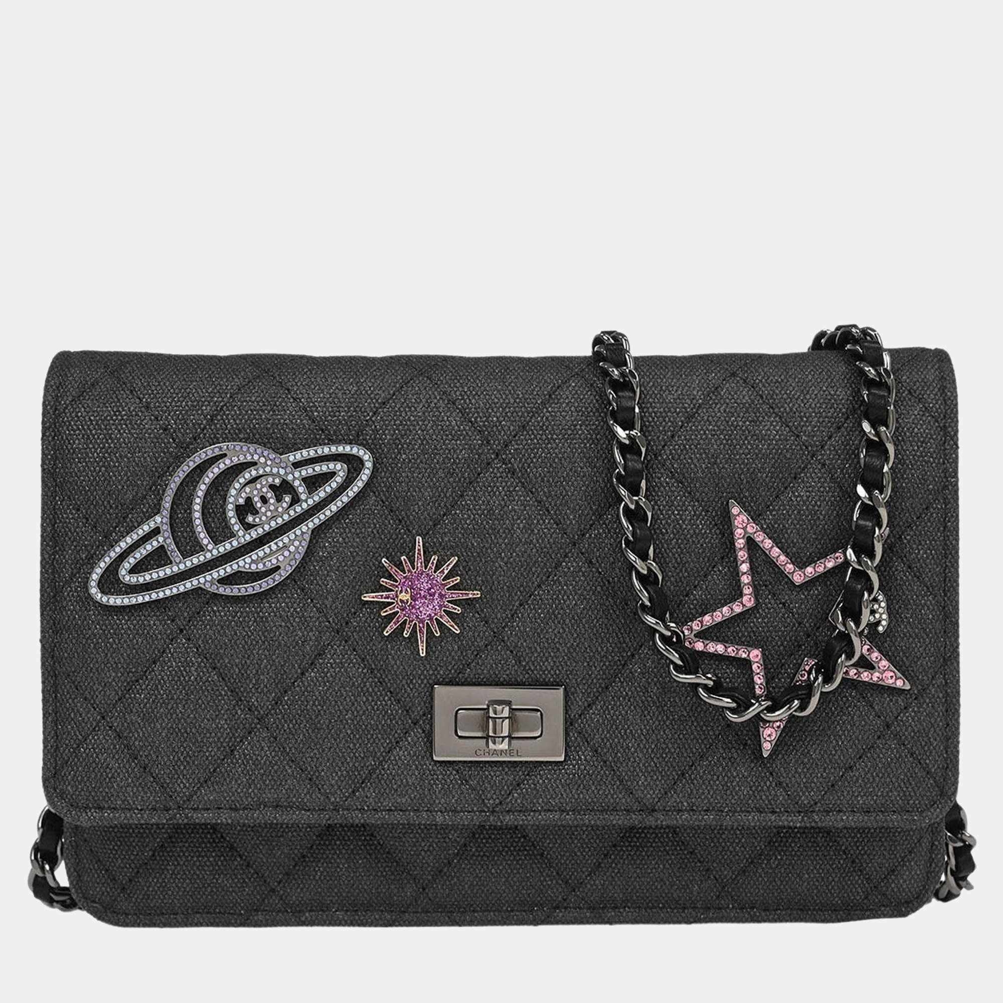 Pre Owned Chanel Gray Canvas Rhinestone Mademoiselle Lock Wallet on Chain WOC