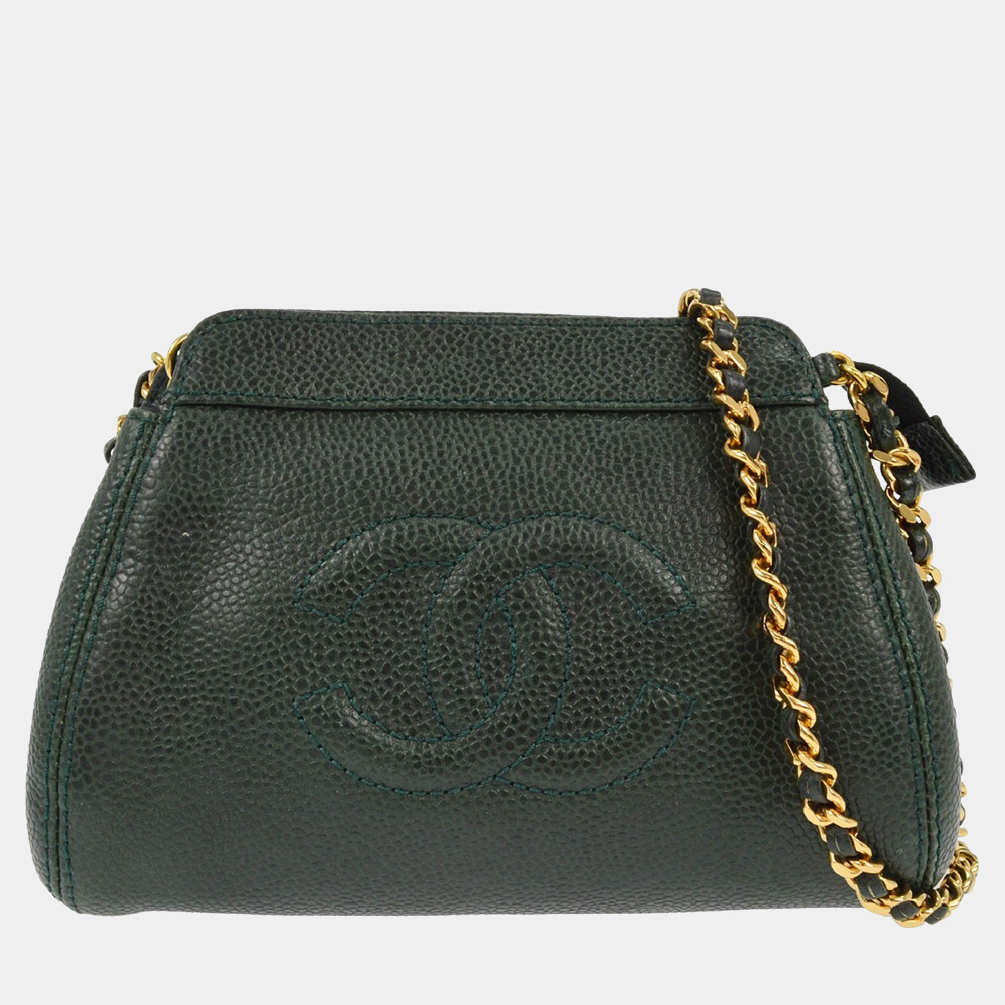 Pre Owned Chanel Green Calfskin Chain Shoulder Bag