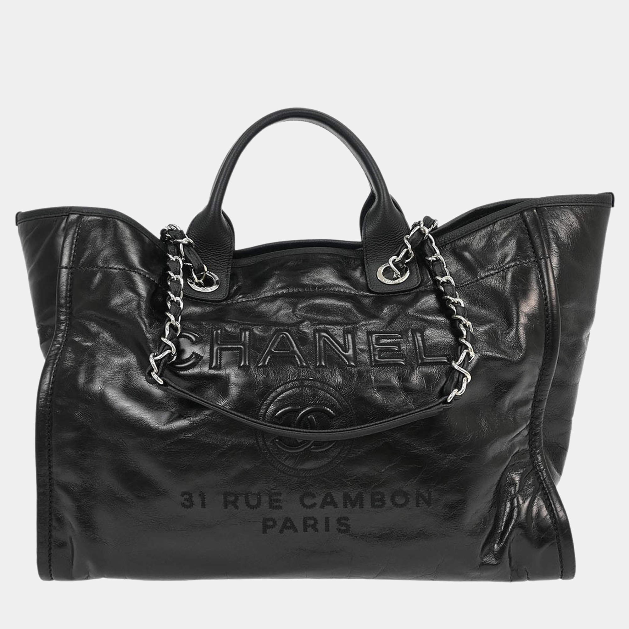 Pre Owned Chanel Black Calfskin Medium Deauville 2way Tote Bag