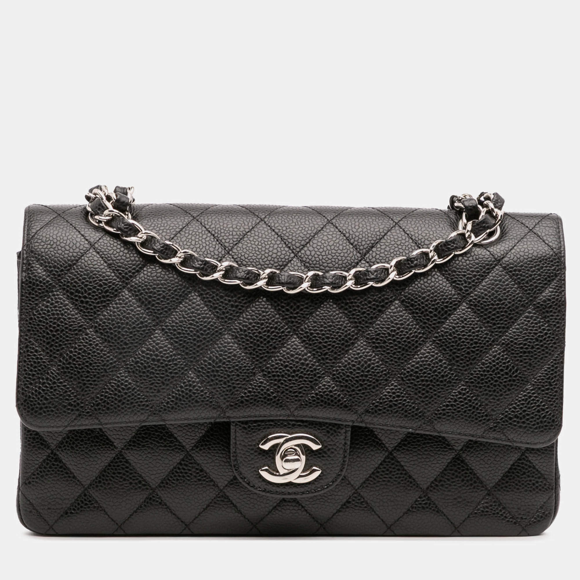 Pre Owned Chanel Black Medium Classic Caviar Double Flap
