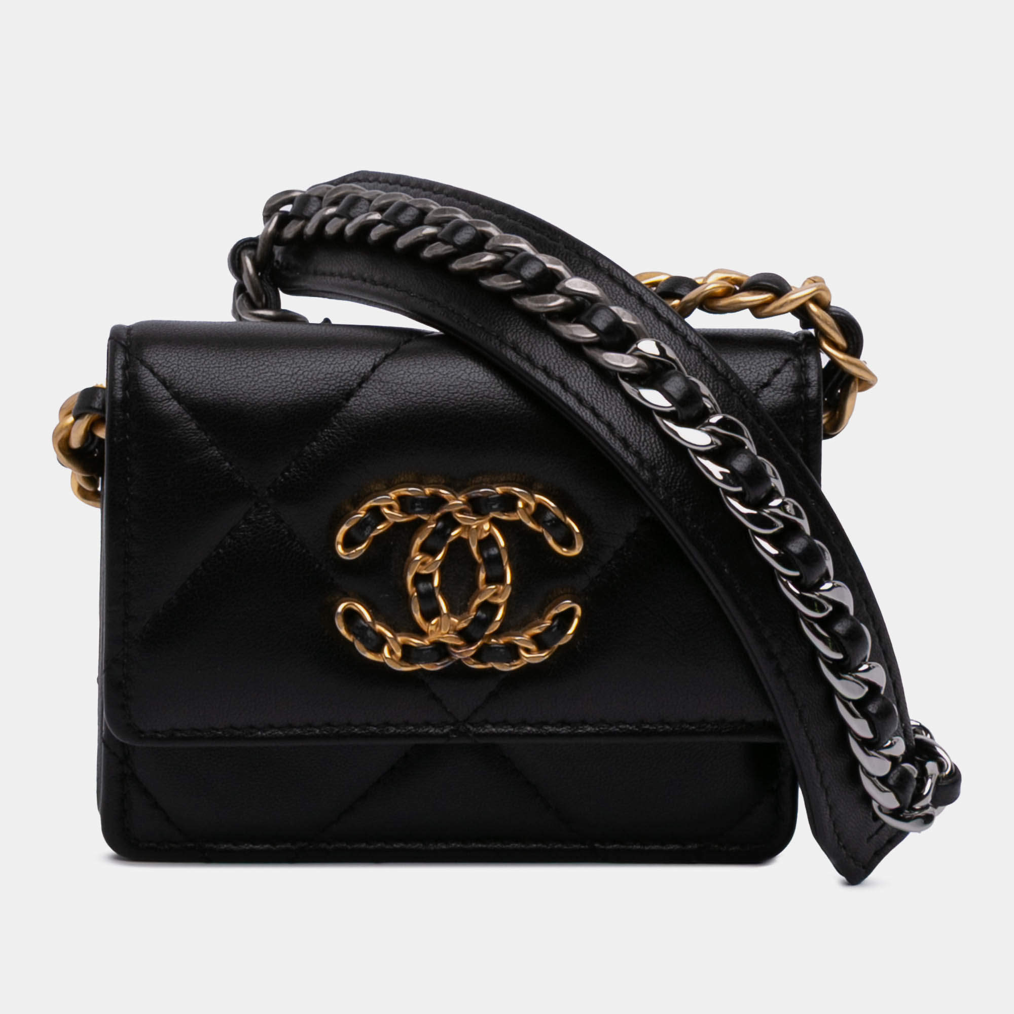 Pre Owned Chanel Black Lambskin 19 Flap Coin Purse With Chain