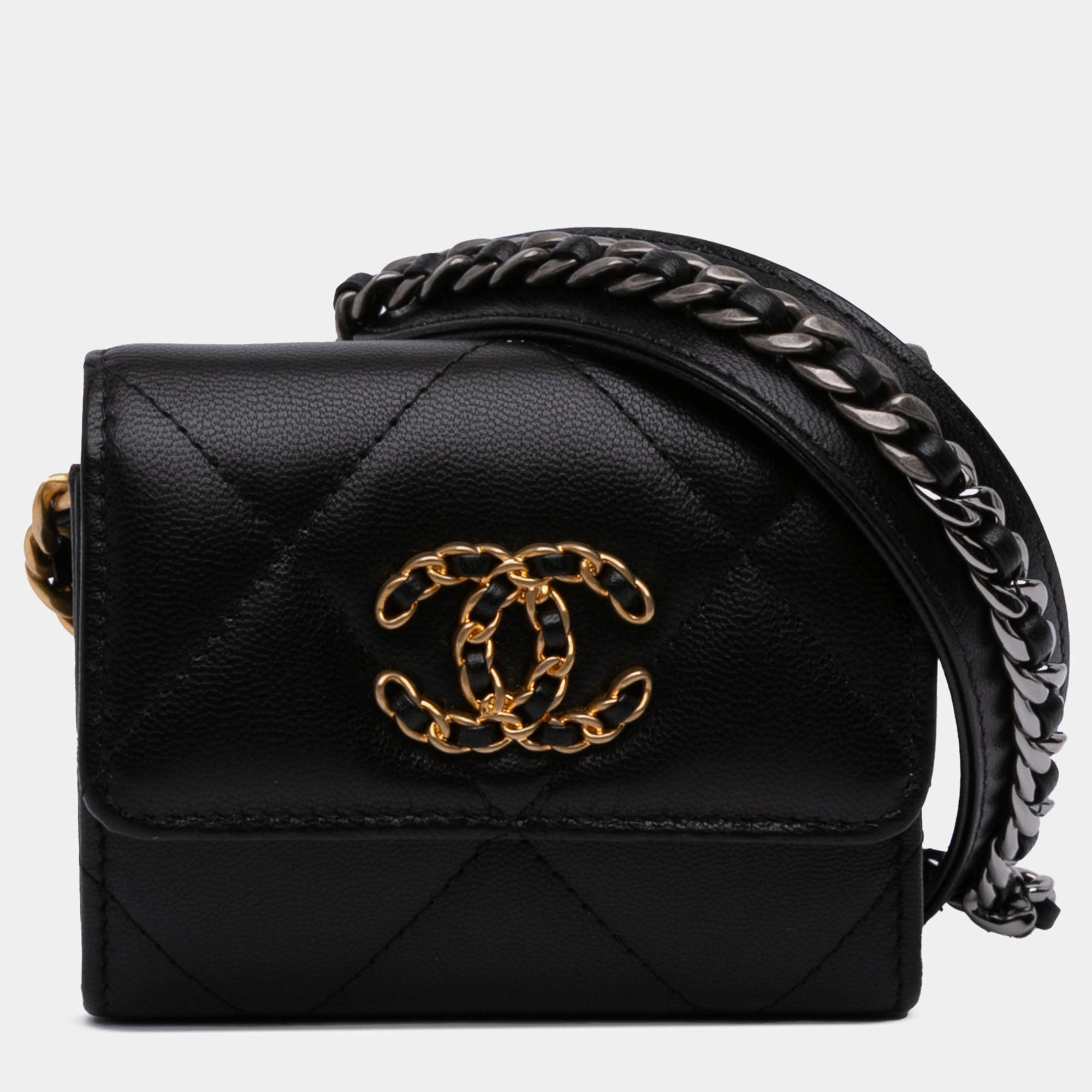 Pre Owned Chanel Black Lambskin 19 Flap Coin Purse With Chain