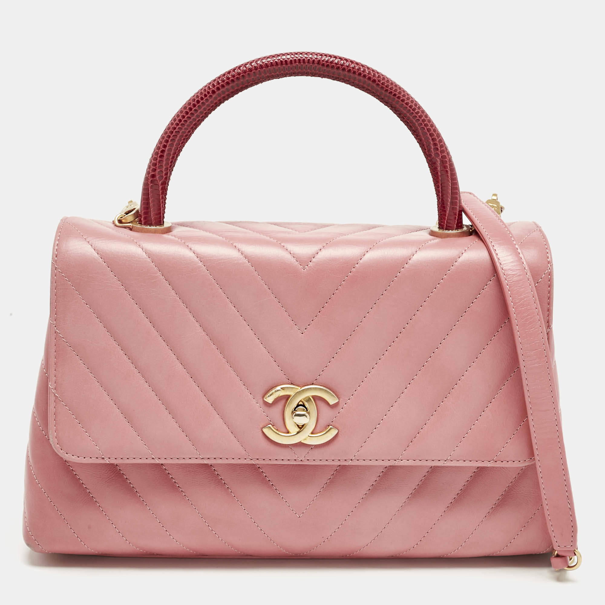 Pre Owned Chanel Pink/Fuchsia Chevron Leather and Lizard Small Coco Top Handle Bag
