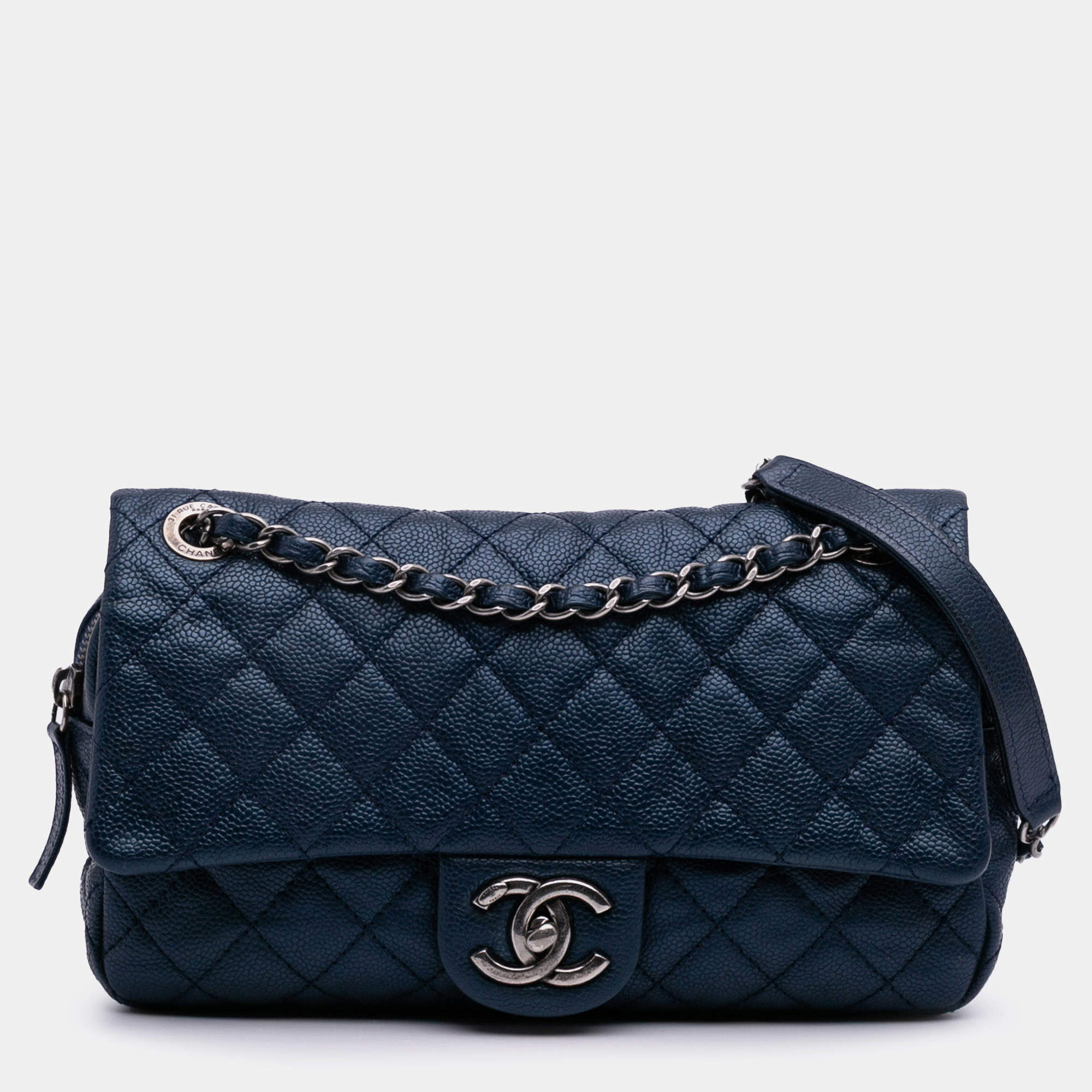 Pre Owned Chanel Blue Medium Quilted Iridescent Caviar Easy Flap