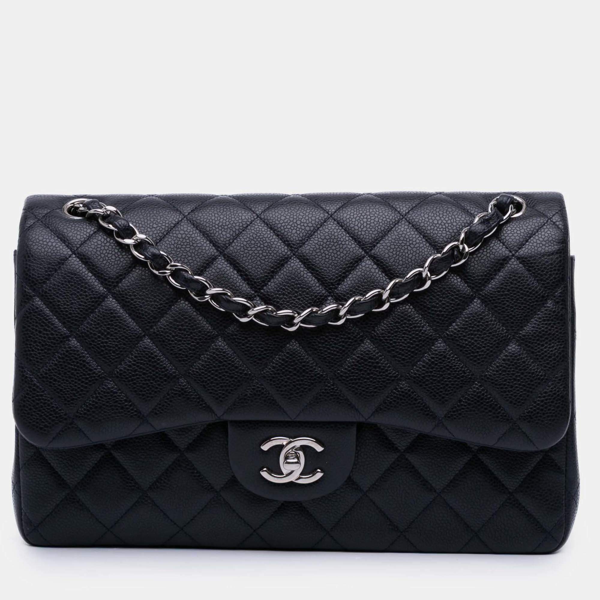 Pre Owned Chanel Navy Blue Jumbo Classic Caviar Double Flap
