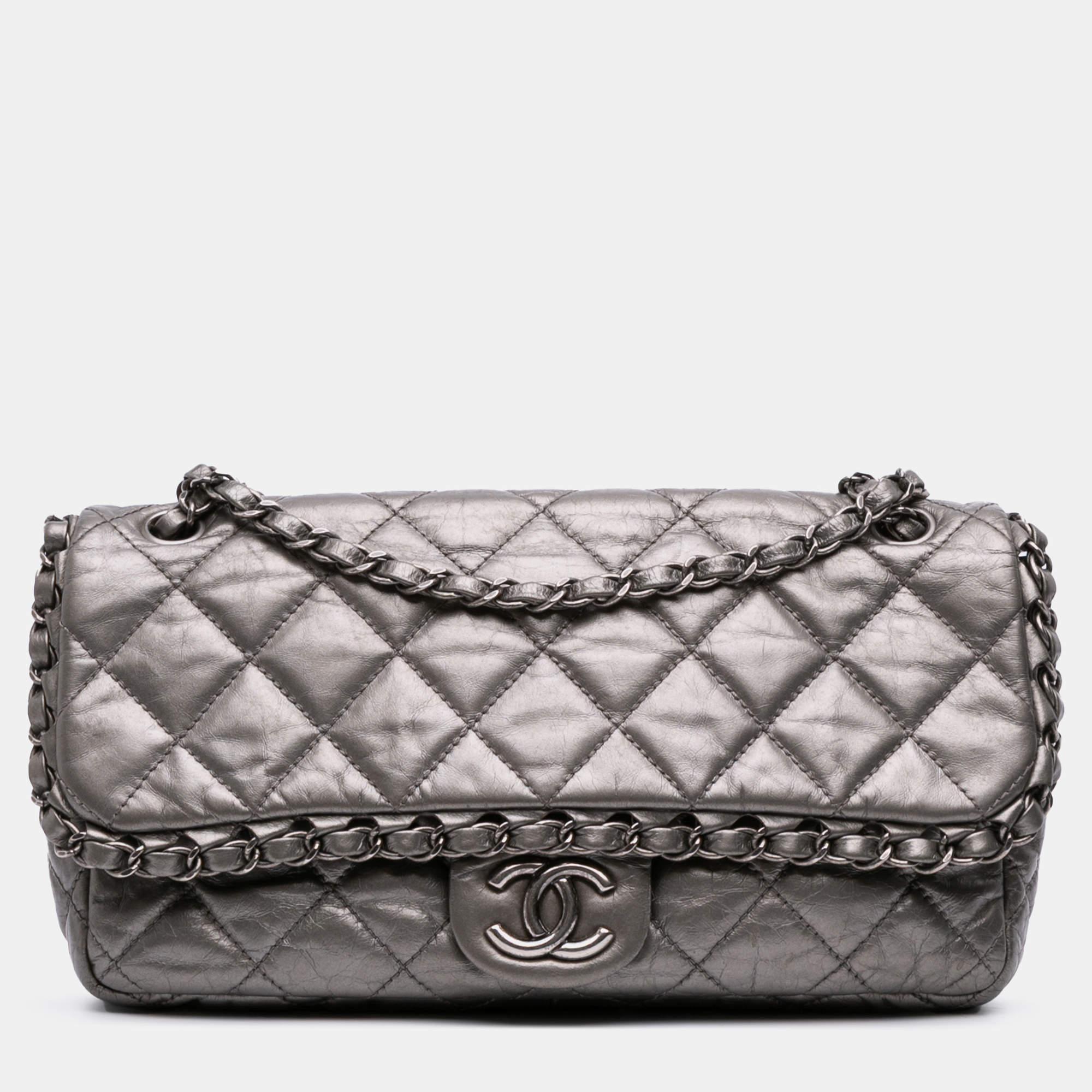 Pre Owned Chanel Grey Medium Quilted Metallic Aged Calfskin Chain Me Flap