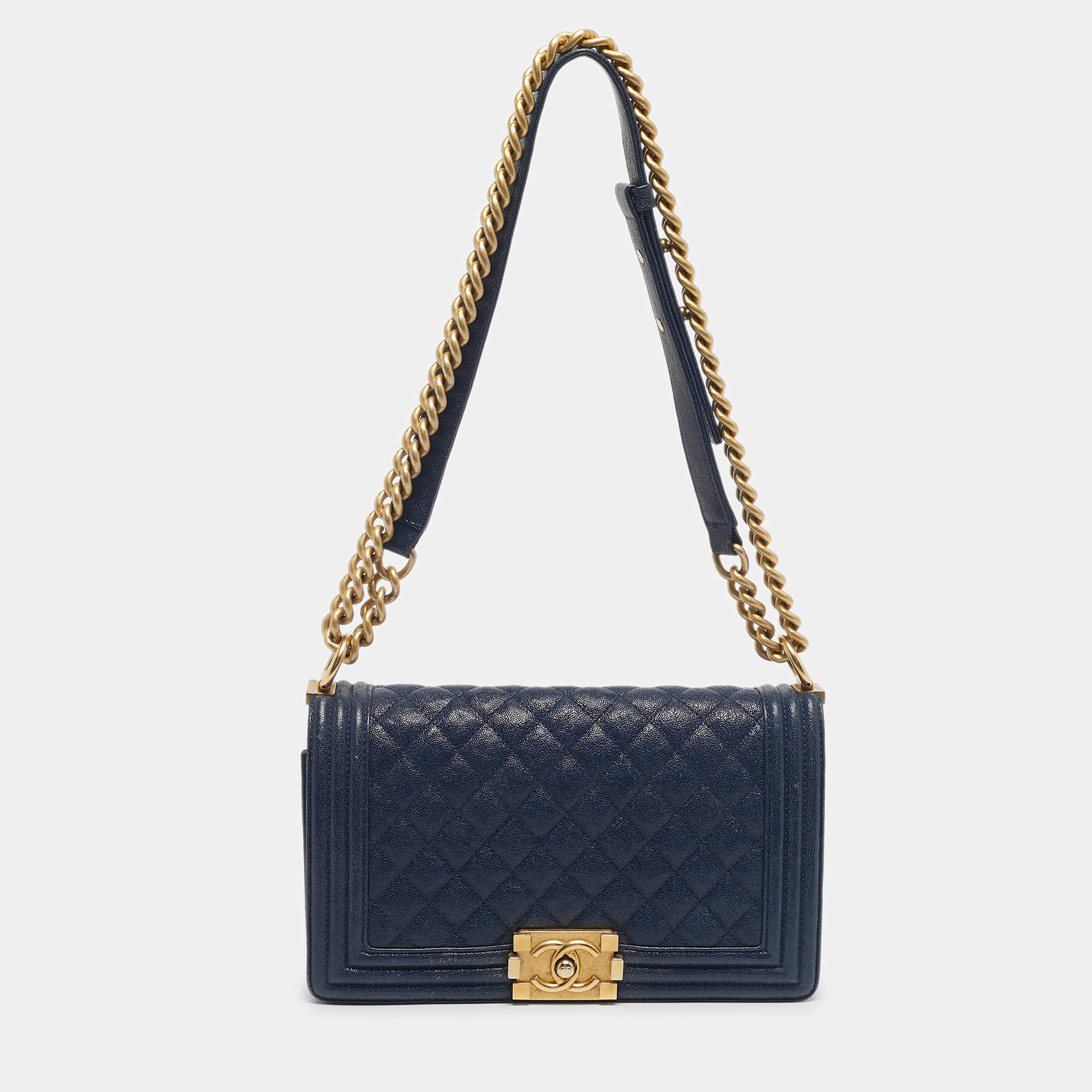 Pre Owned Chanel Navy Blue Caviar Quilted Leather Medium Boy Flap Bag