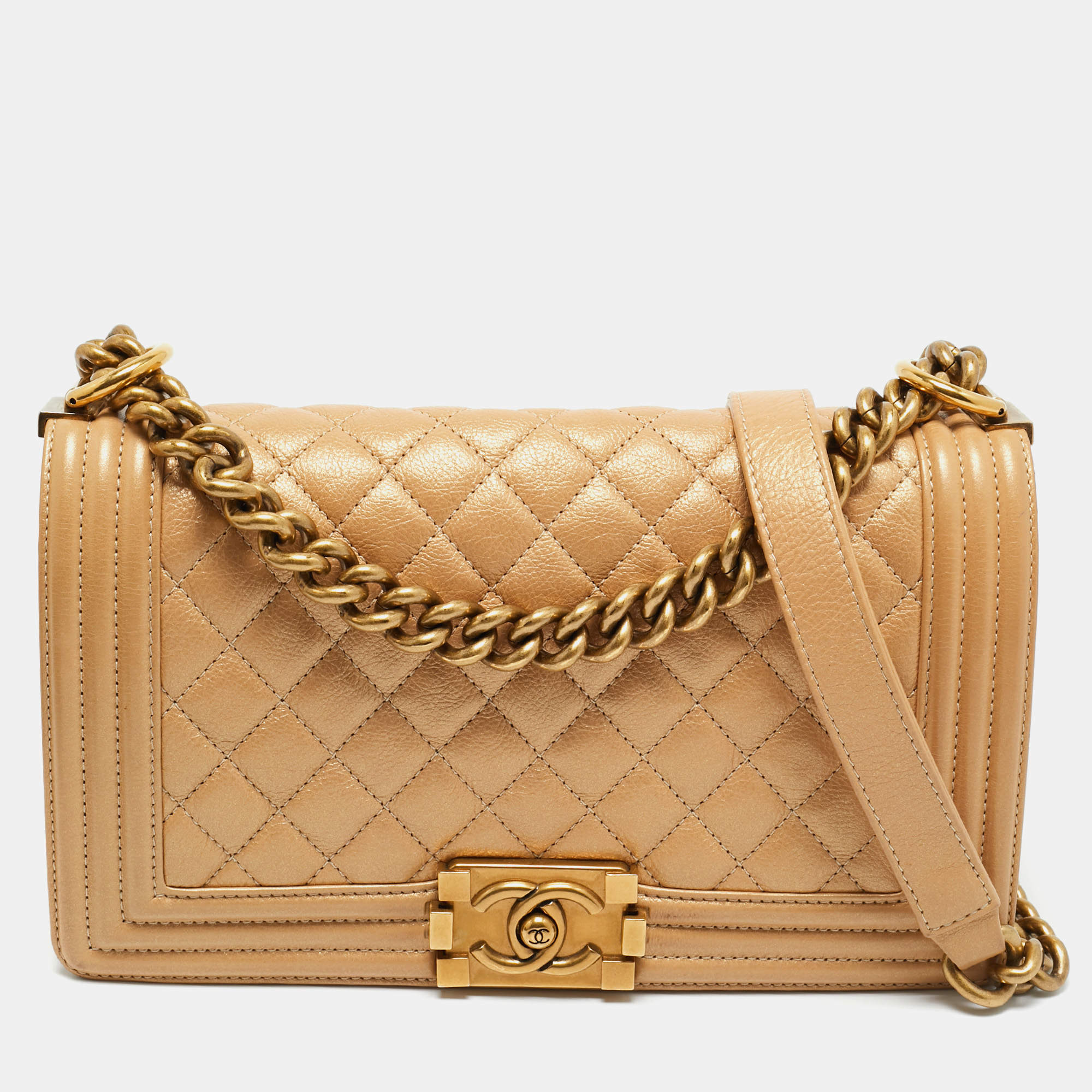 Pre Owned Chanel Beige Shimmer Quilted Leather Medium Classic Boy Flap Bag