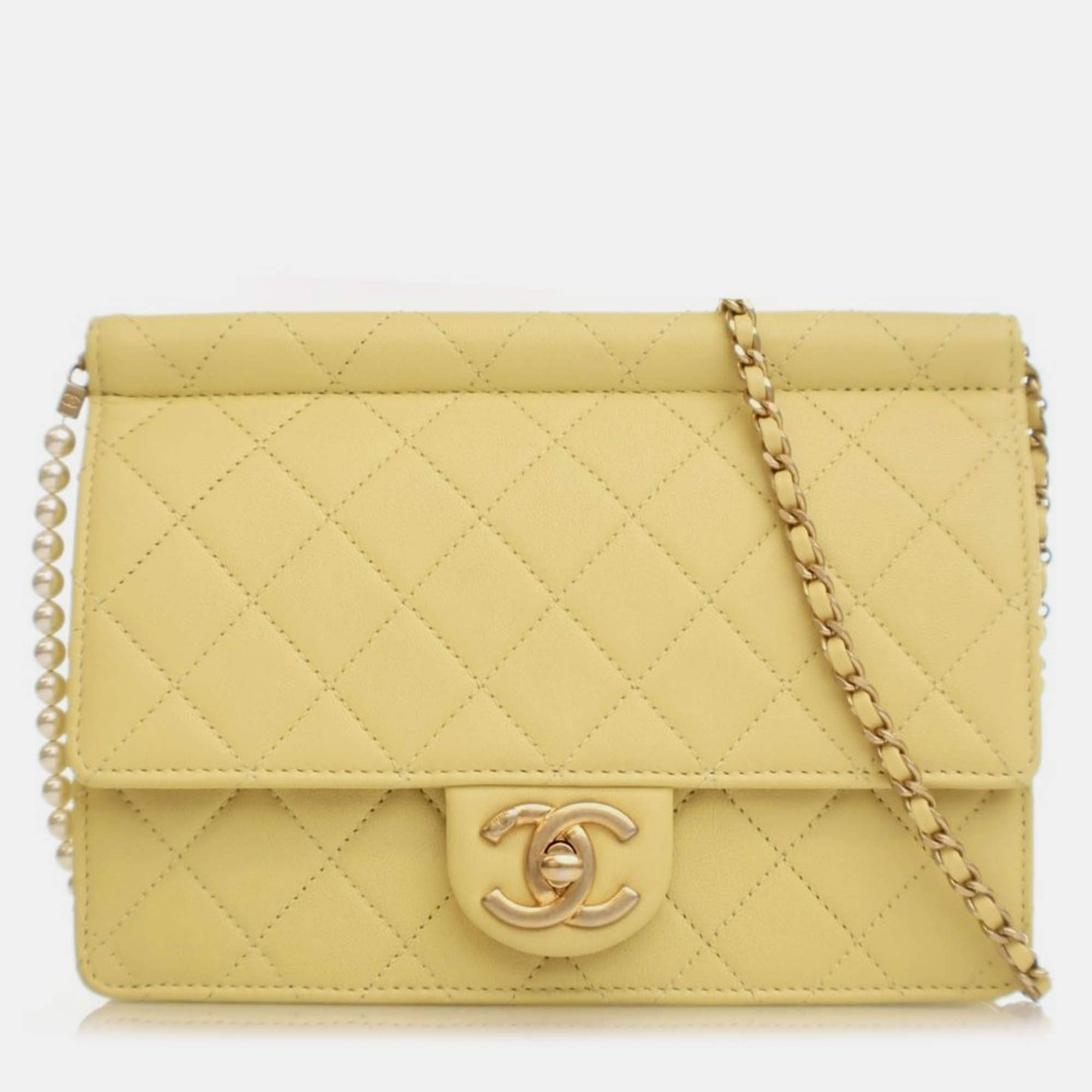 Pre Owned Chanel Medium Yellow Lambskin Chic Pearls Flap Bag