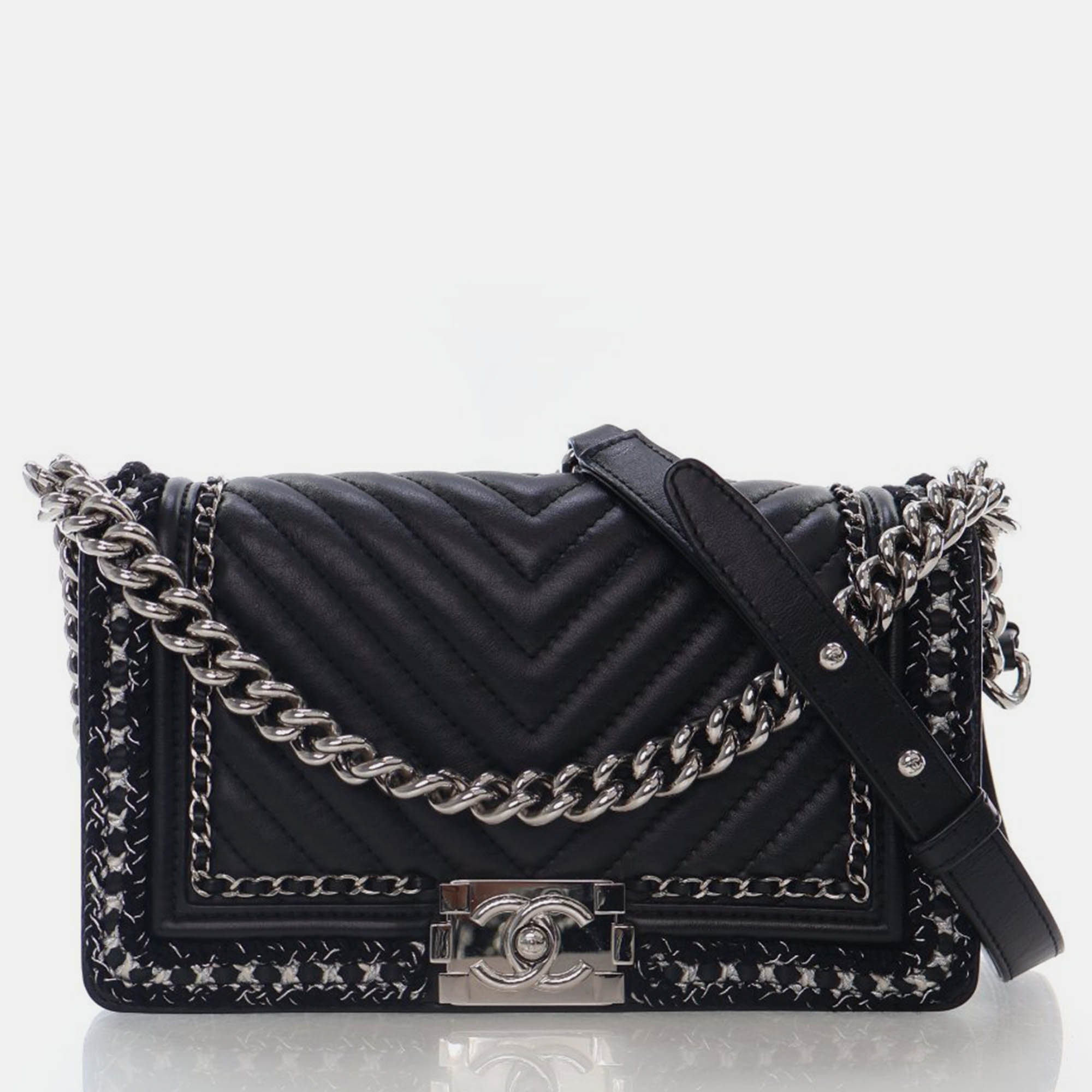 Pre Owned Chanel Medium Braided Chain Around Black Calkskin Boy Bag