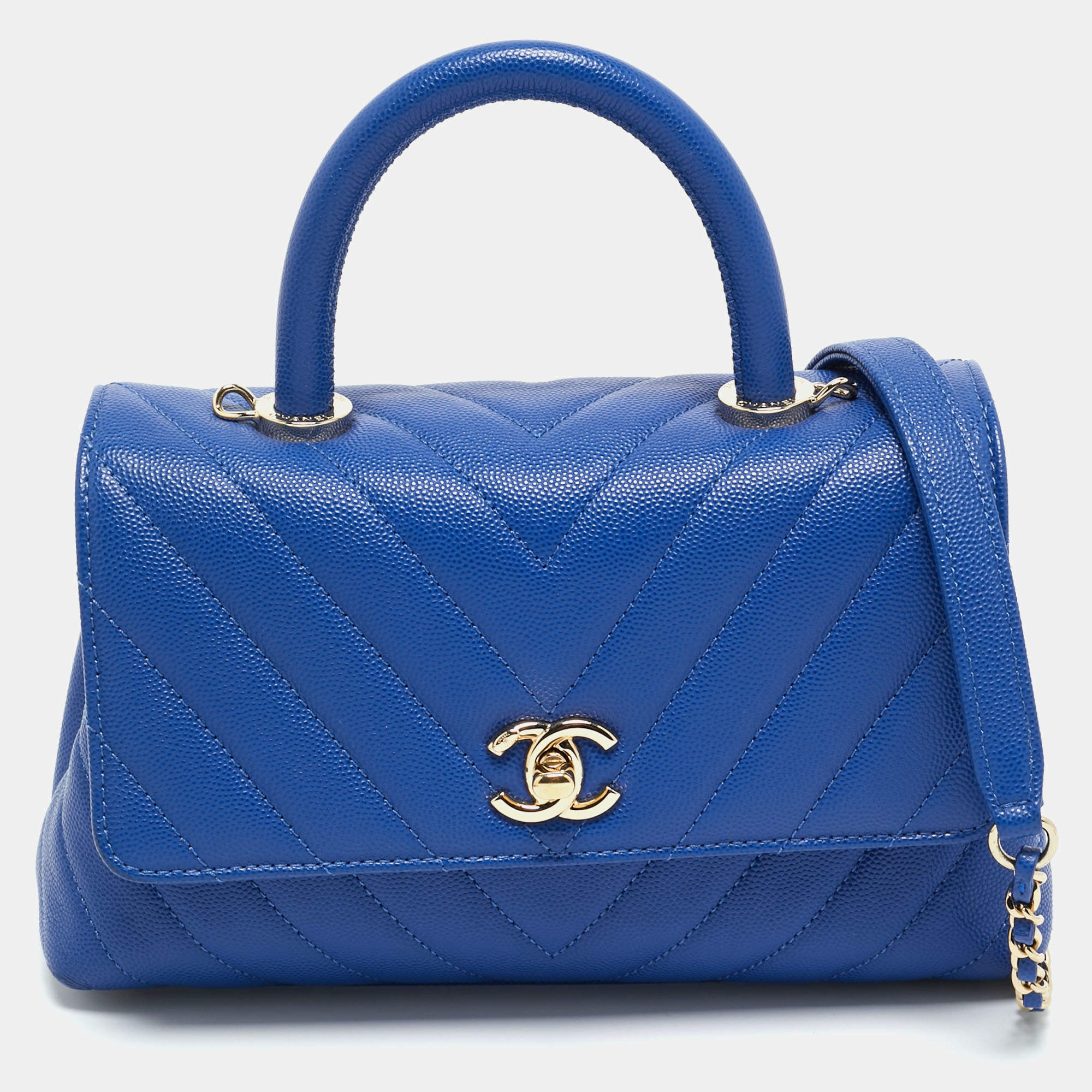 Pre Owned Chanel Blue Chevron Caviar Leather Mini Coco Top Handle Bag