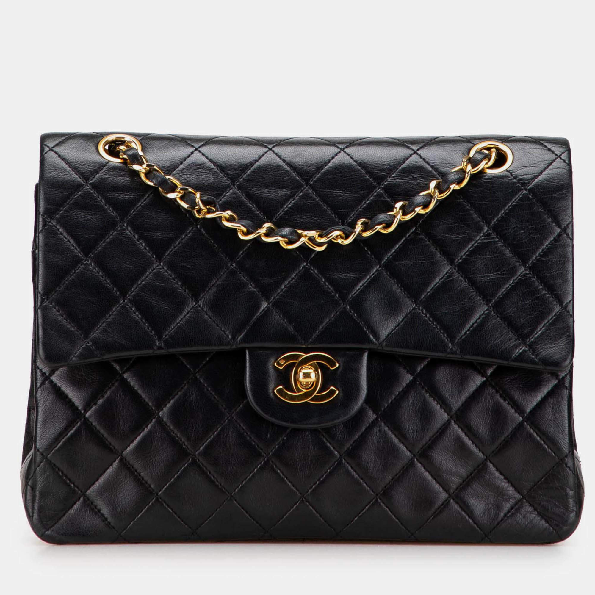 Pre Owned Chanel Black Medium Tall Classic Lambskin Double Flap
