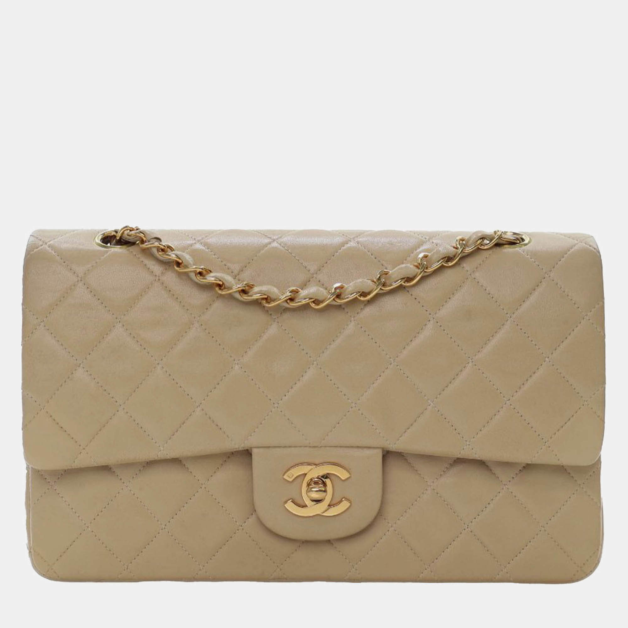 Pre Owned Chanel Beige Medium Classic Lambskin Double Flap