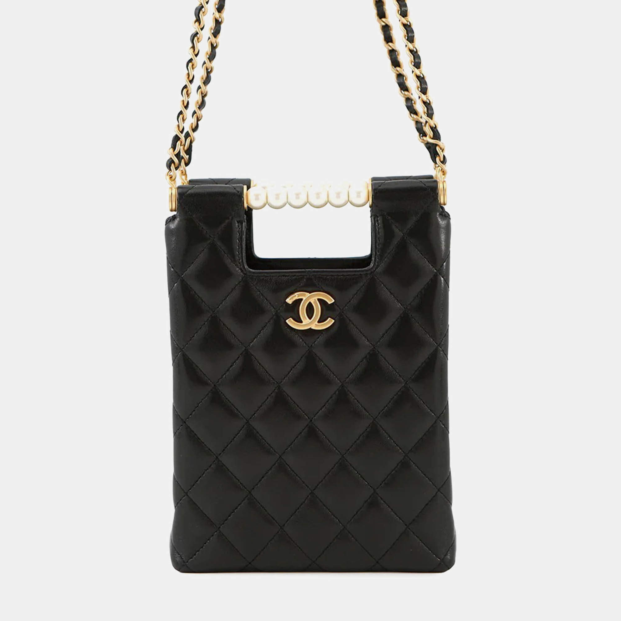 Pre Owned Chanel Matelasse Pearl Handle Chain Shoulder Bag Black Lambskin