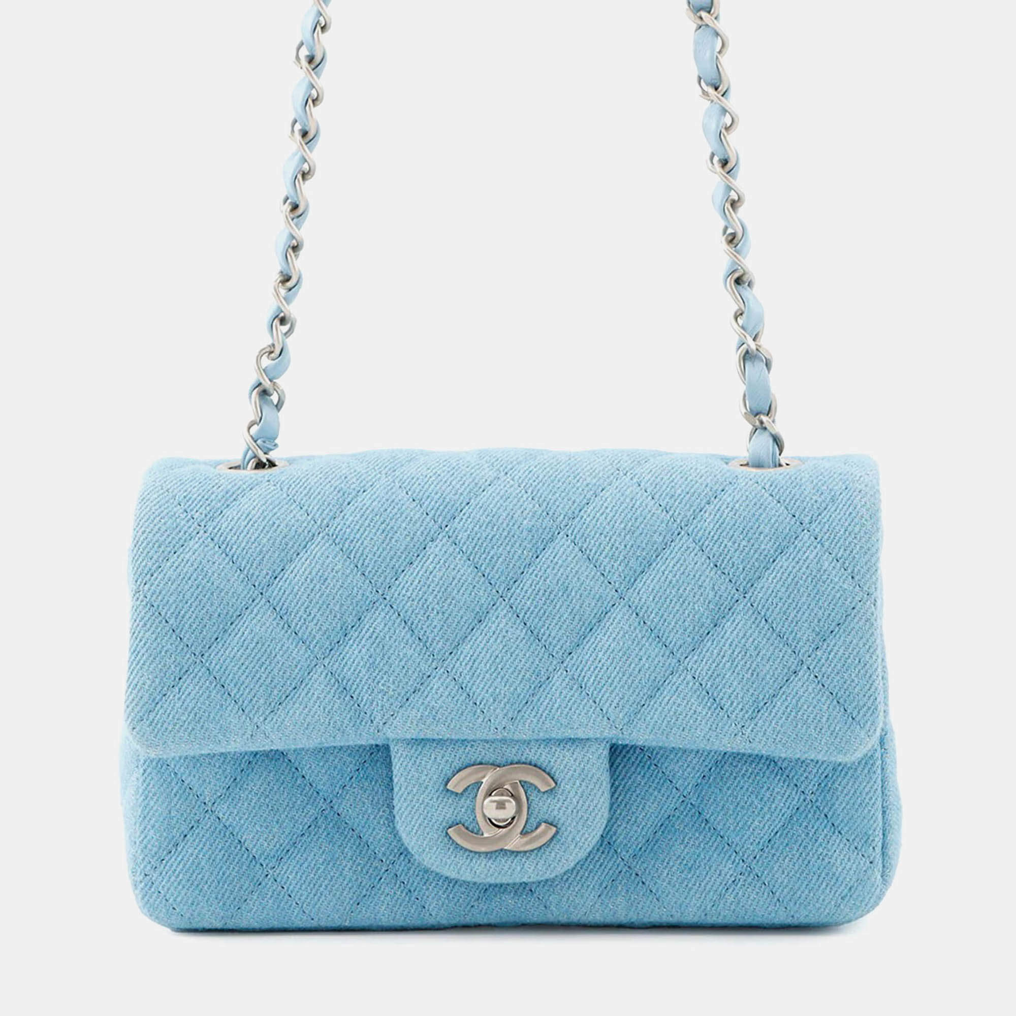 Pre Owned Chanel Matelasse Blue Denim Mini Chain Shoulder Bag