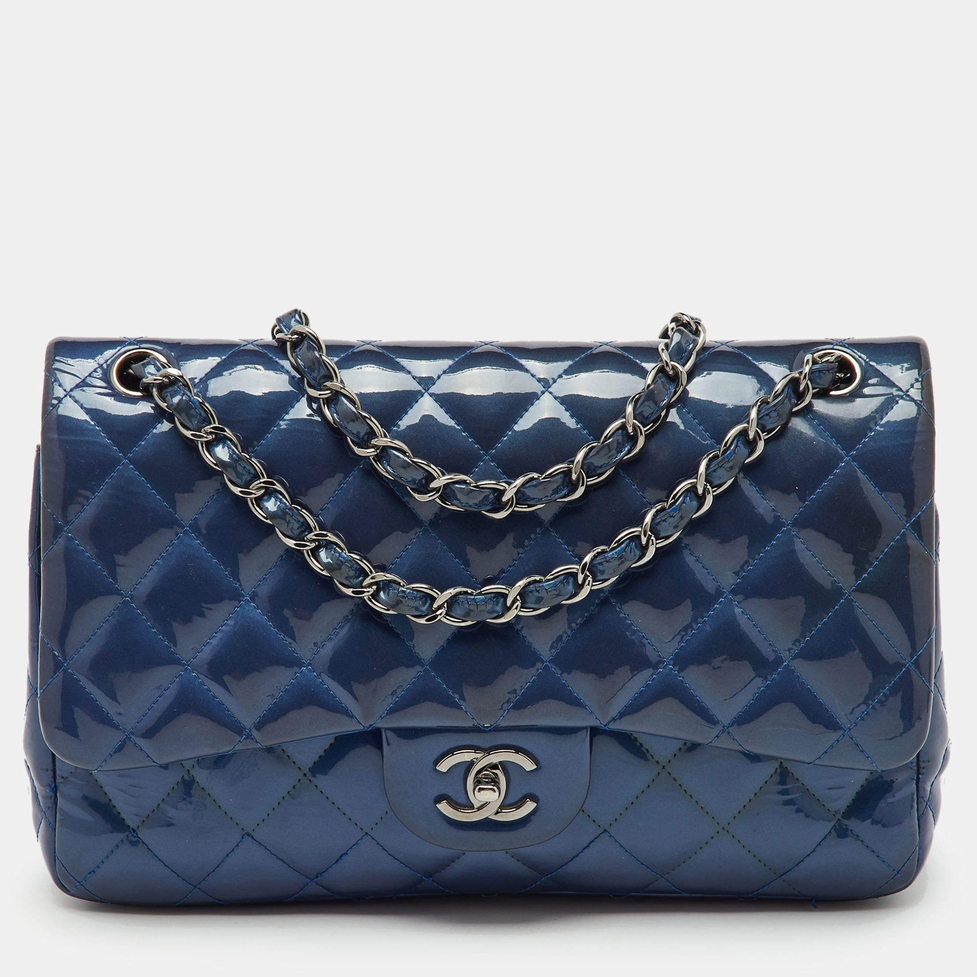 Pre Owned Chanel Navy Blue Iridescent Patent Leather Classic Jumbo Double Flap Bag