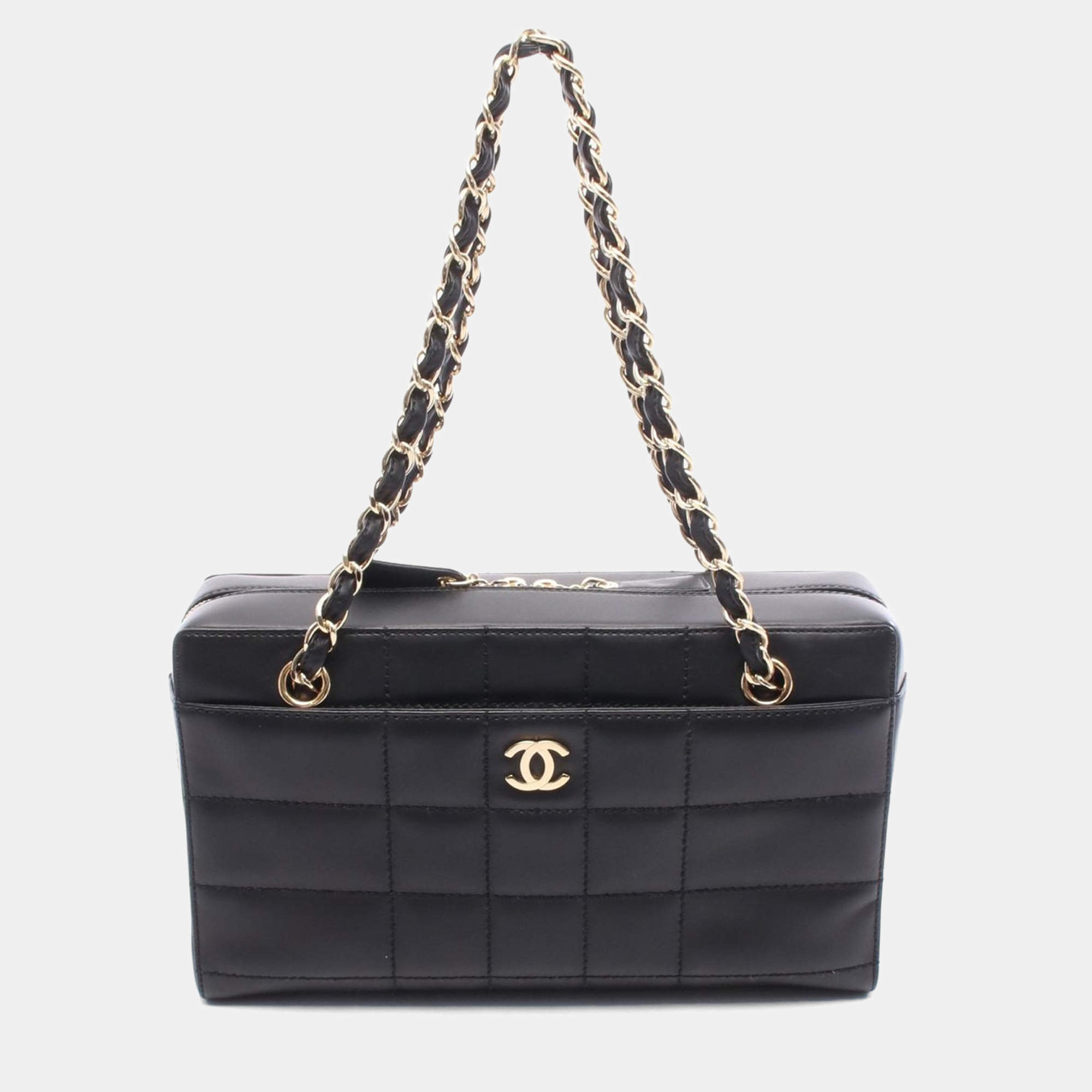Pre Owned Chanel Chocolate Bar Chain Shoulder Bag Lambskin Black  Cc